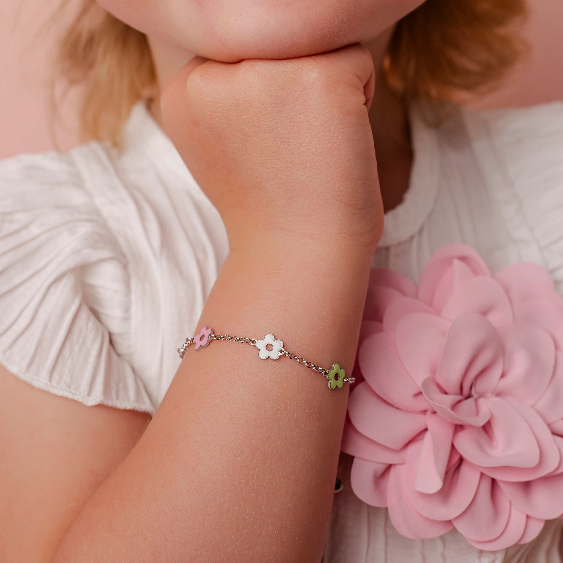 Children's Silver Bracelet with Plate and Three Little Flowers