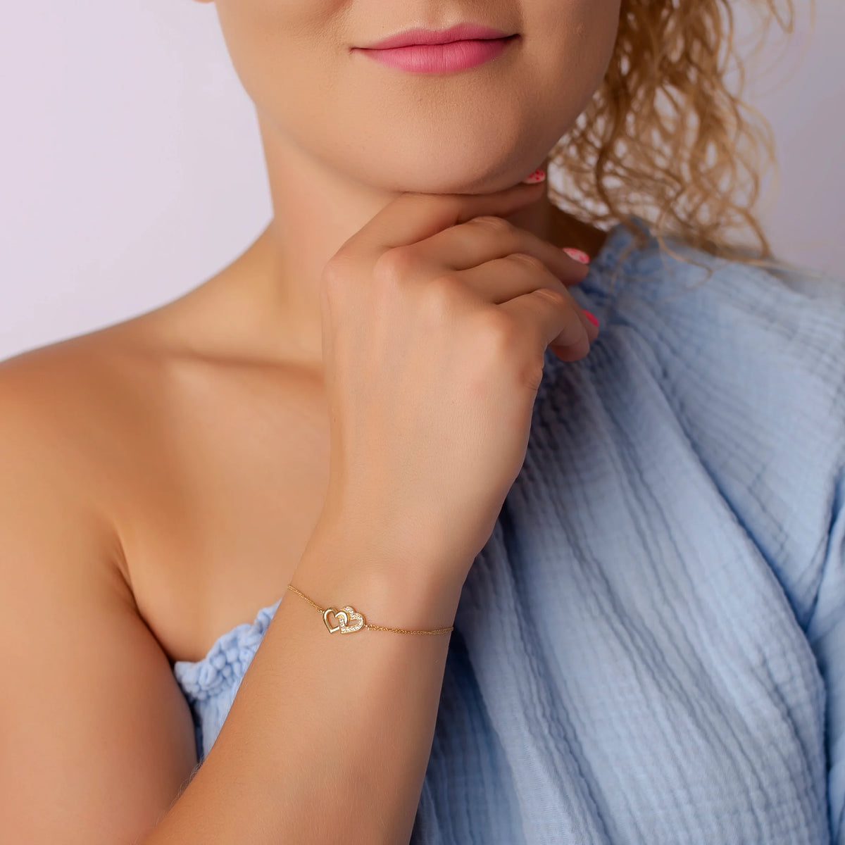 Pulsera de Oro Dos Hilos con Corazón Doble y Strass