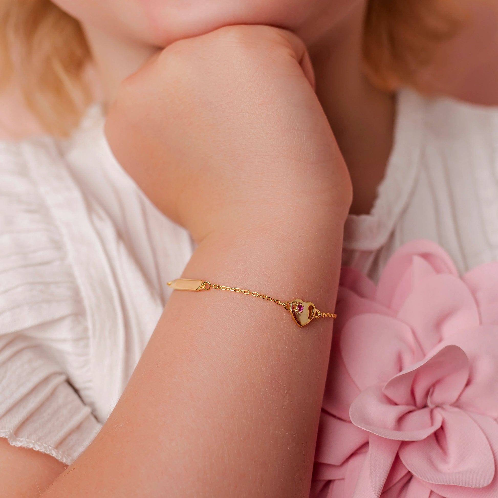 Silver Children's Bracelet with Customizable Tag and Pink Zircon Heart