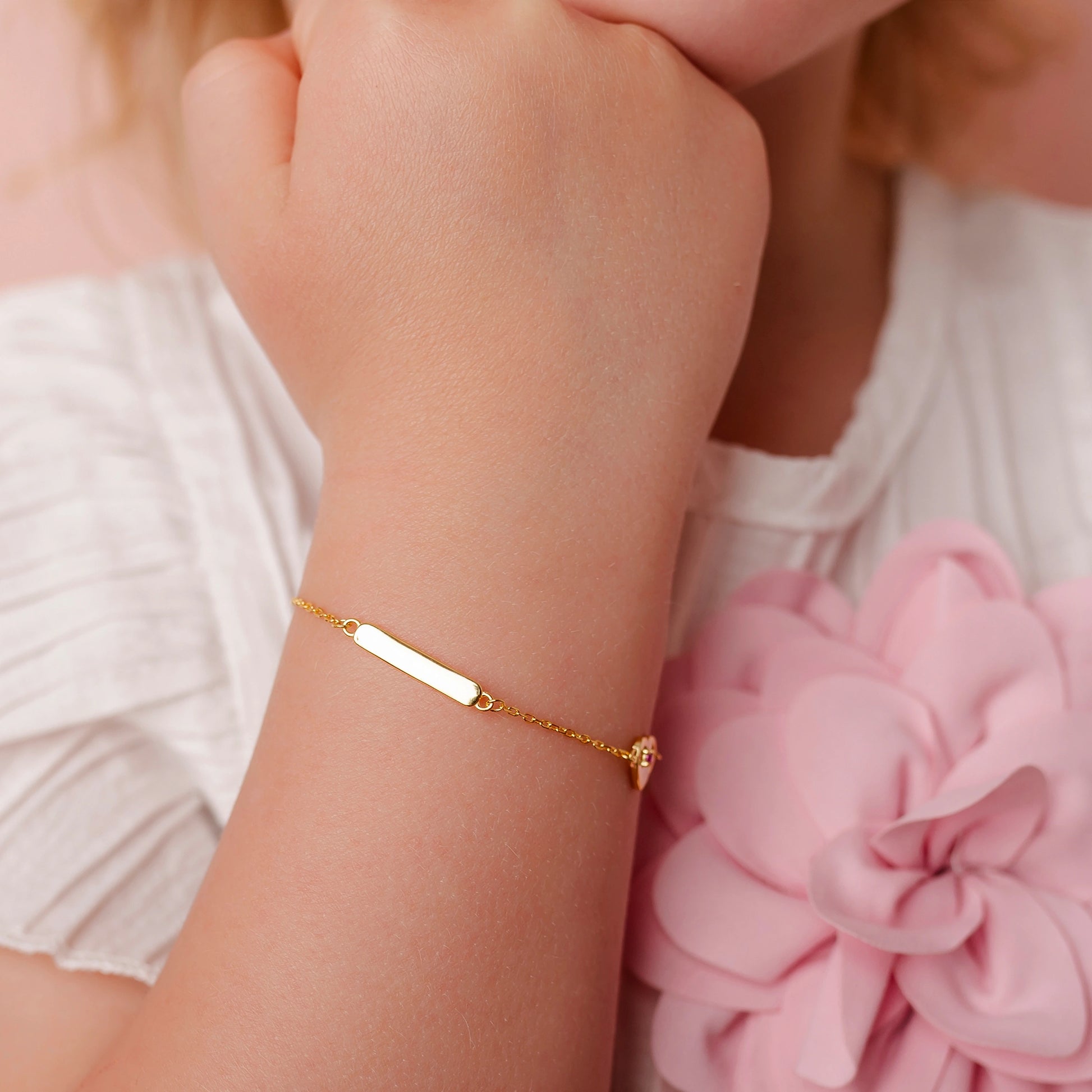 Silver Children's Bracelet with Customizable Tag and Pink Zircon Heart