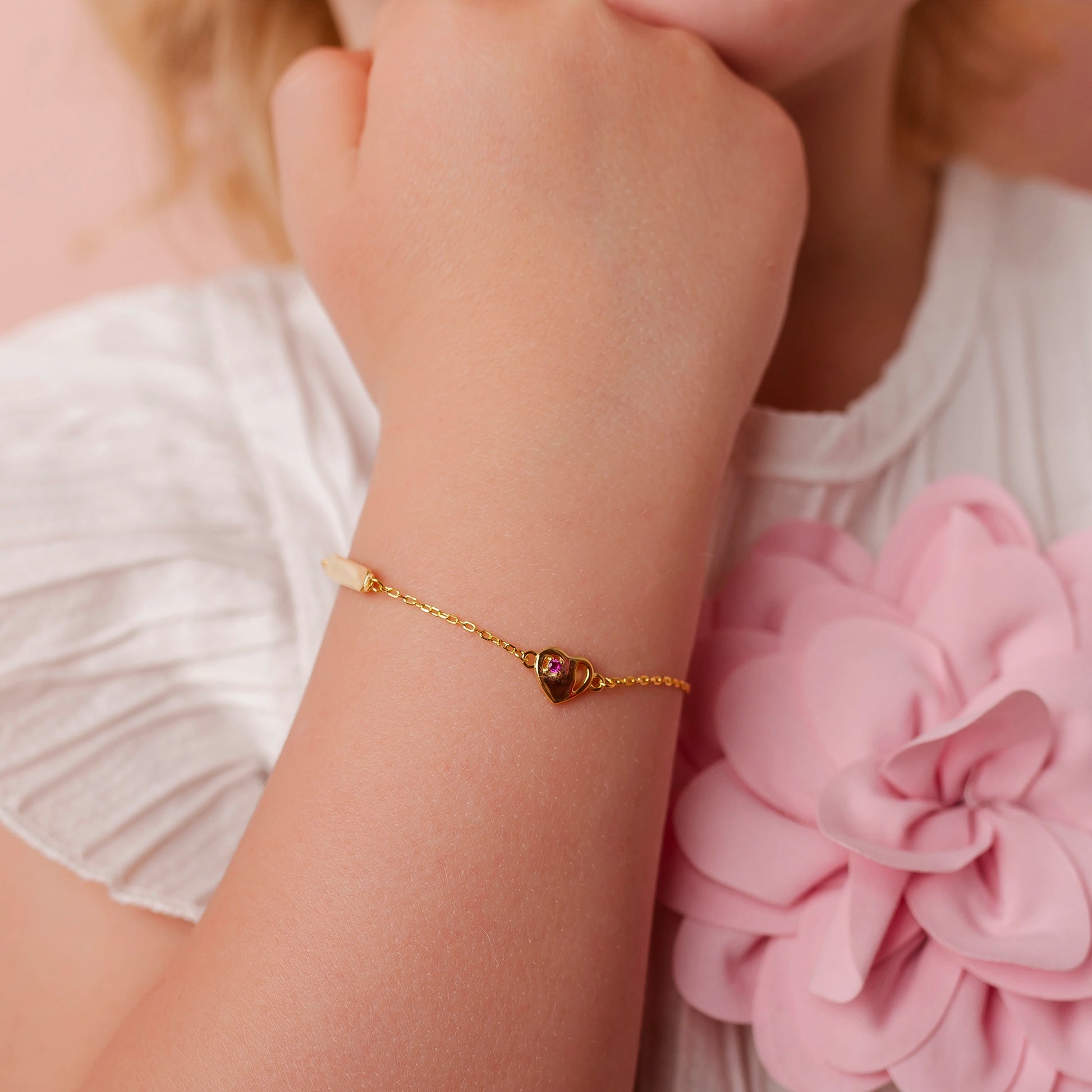 Silver Children's Bracelet with Customizable Tag and Pink Zircon Heart