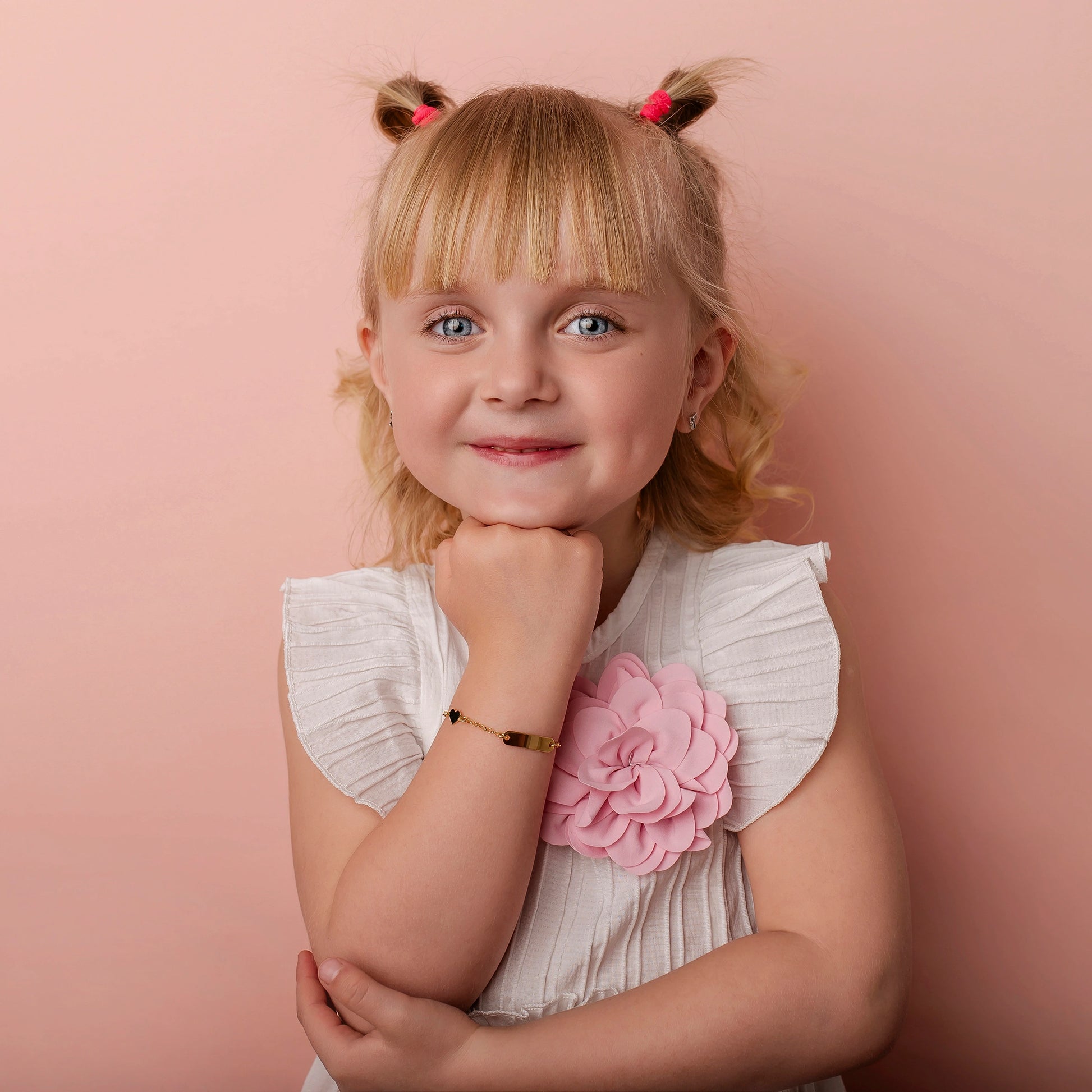 Silver Bracelet for Girl with Pink Angel and Heart