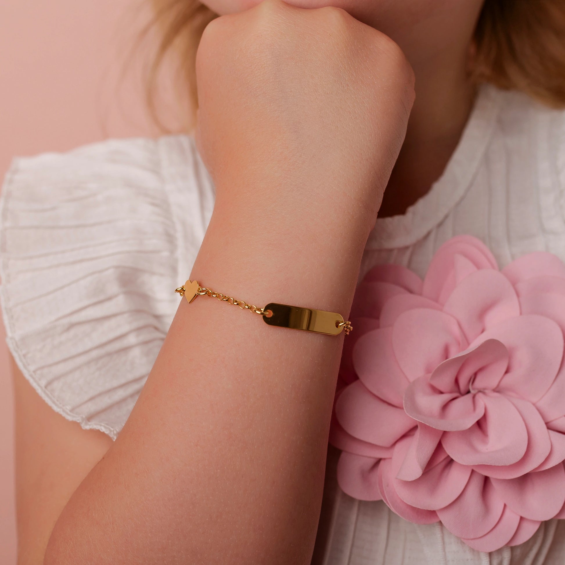 Silver Bracelet for Girl with Pink Angel and Heart