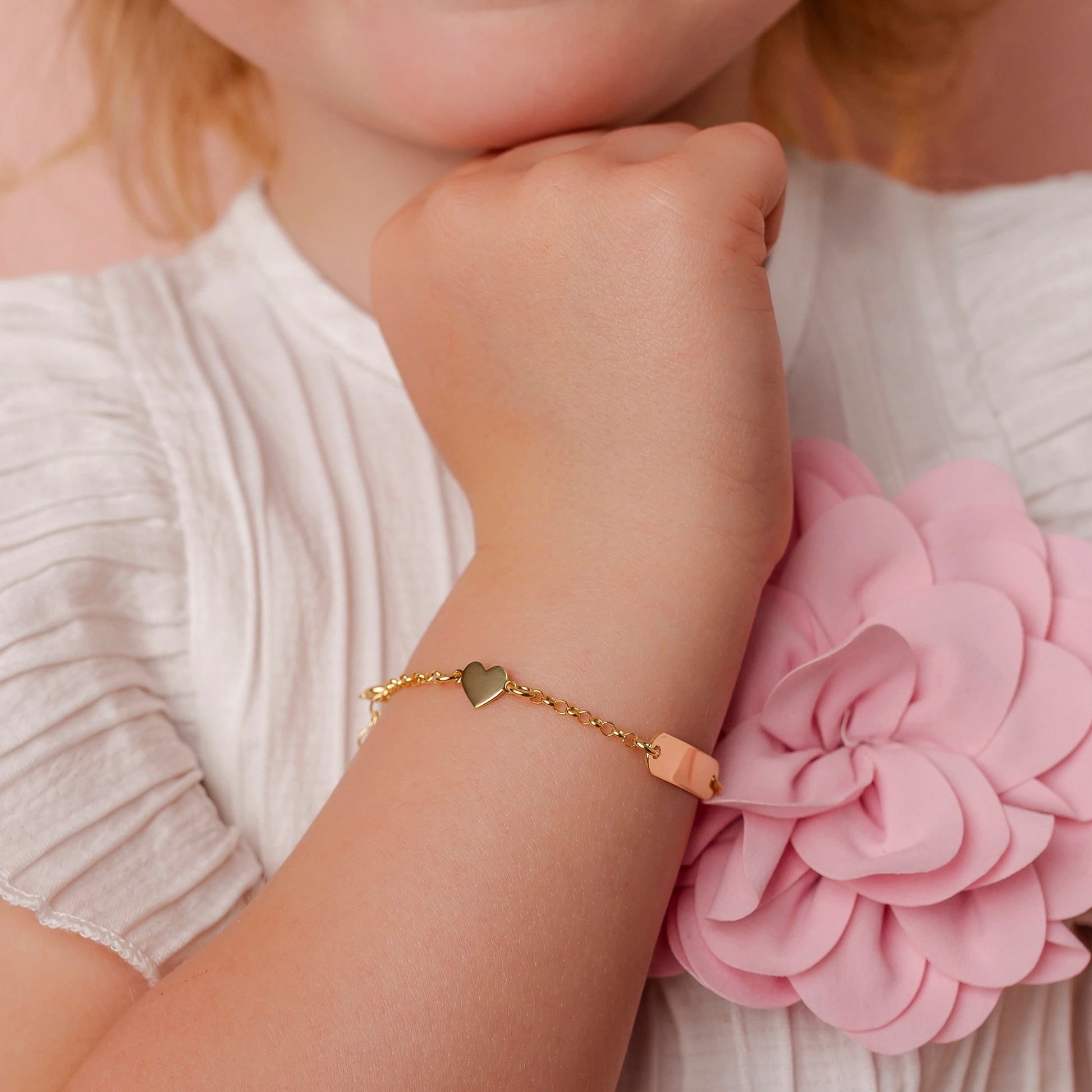 Silver Bracelet for Girl with Pink Angel and Heart