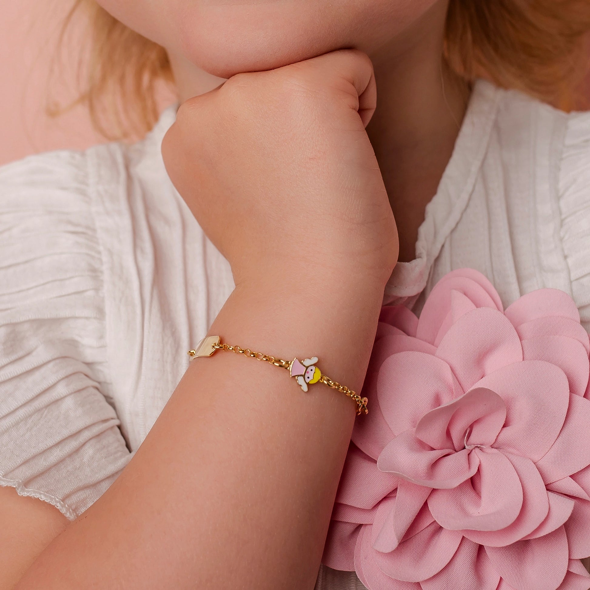 Silver Bracelet for Girl with Pink Angel and Heart