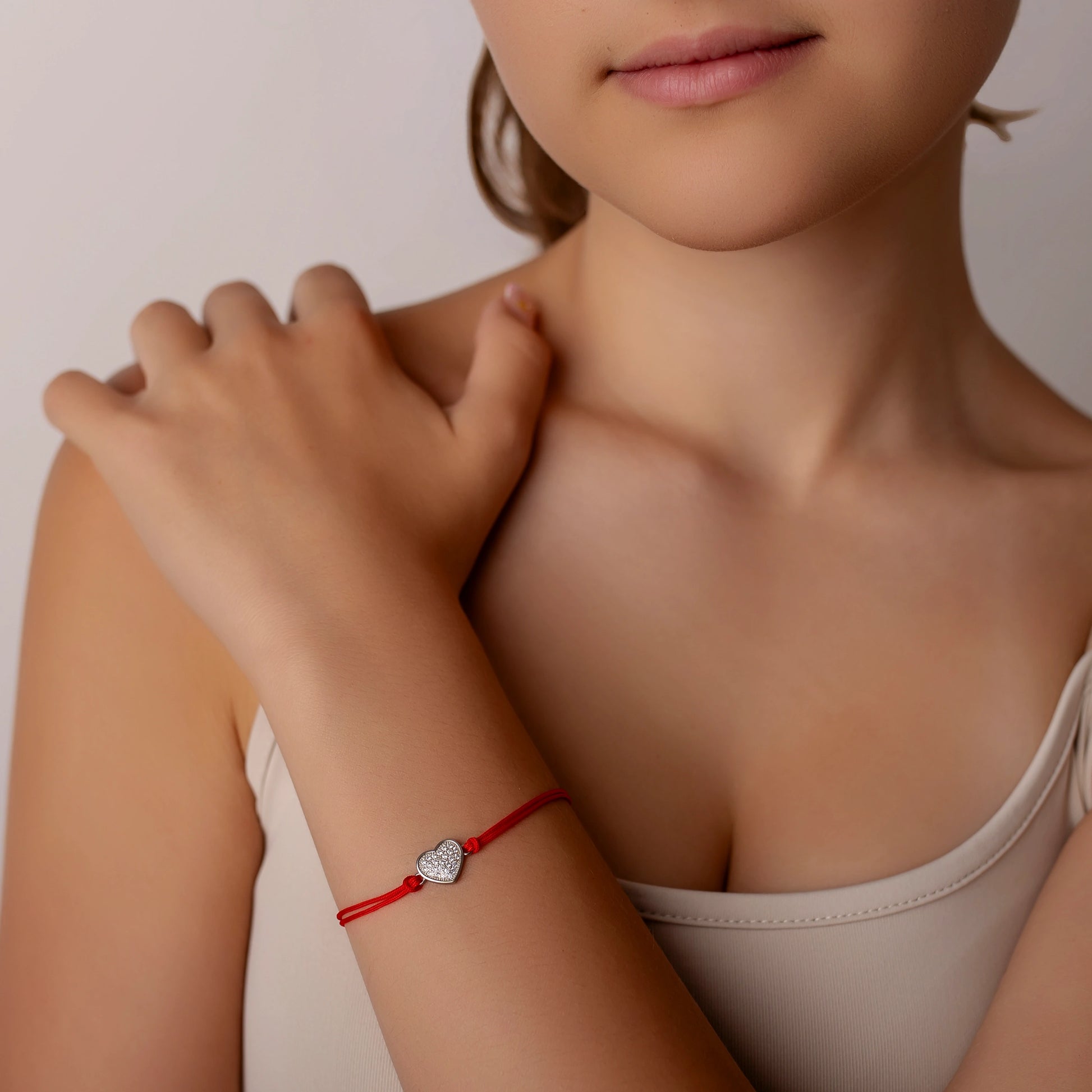 Bracelet en Argent sur Cordon Cœur Strass Rhodié