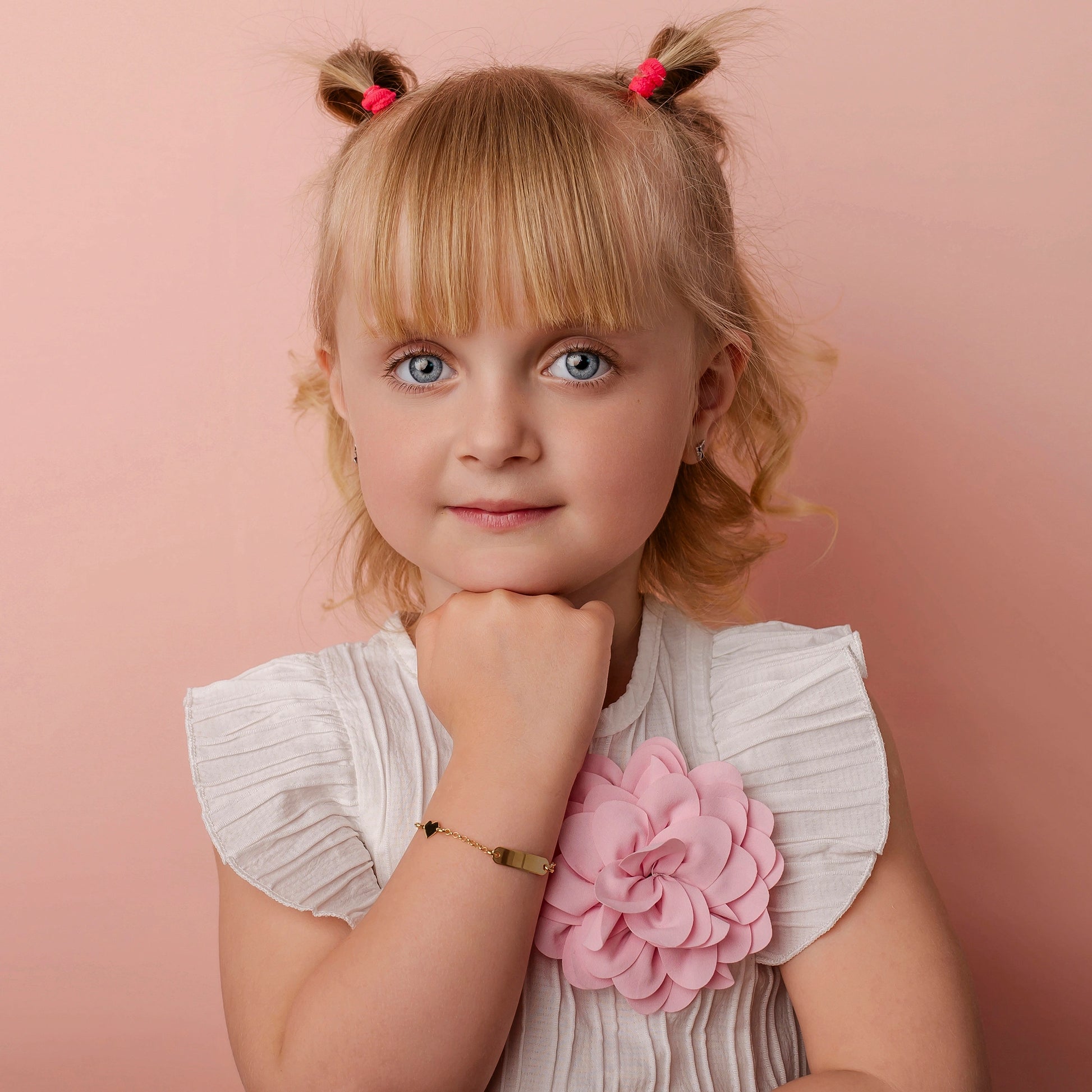 Silver Bracelet for Girl with Pink Angel and Heart