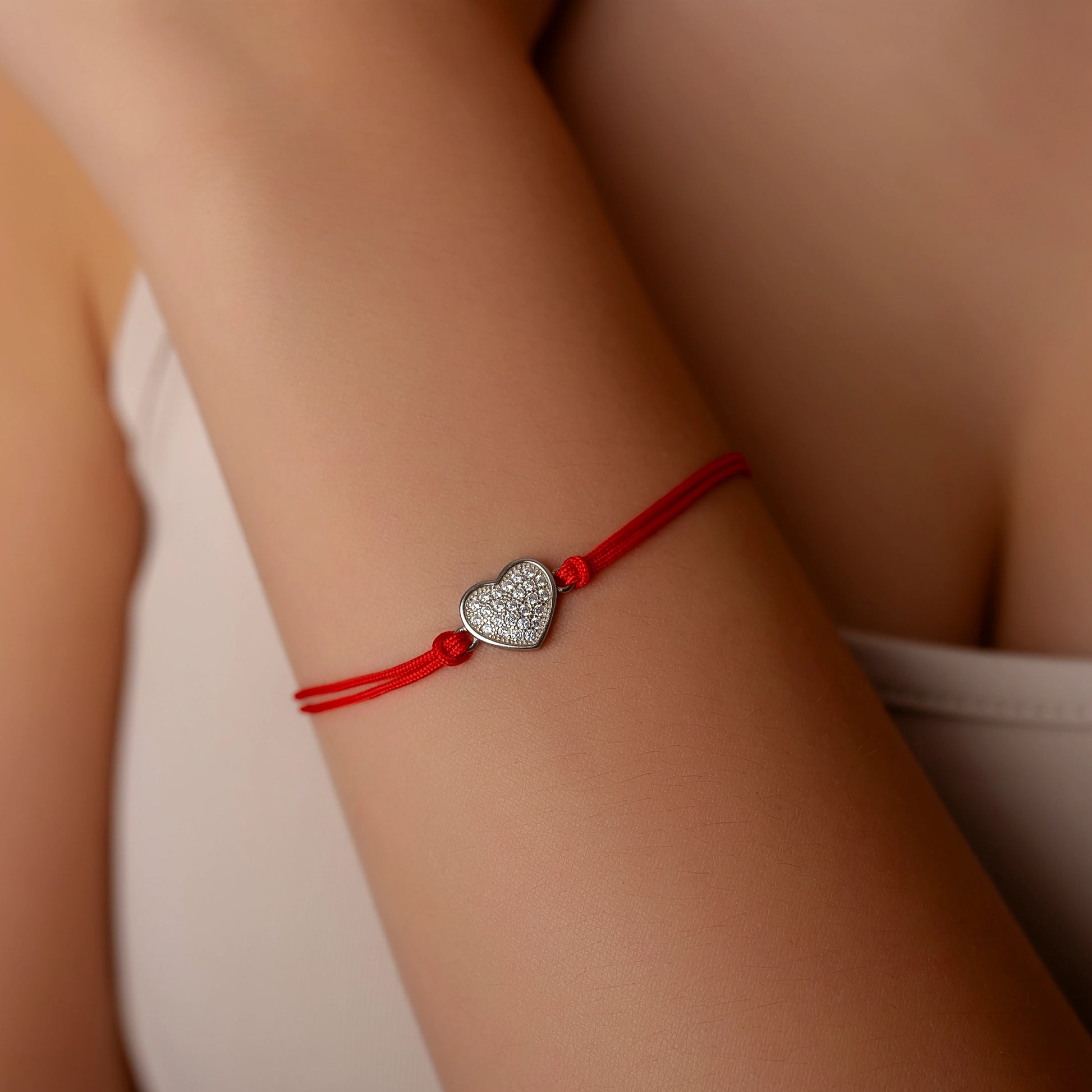 Bracelet en Argent sur Cordon Cœur Strass Rhodié
