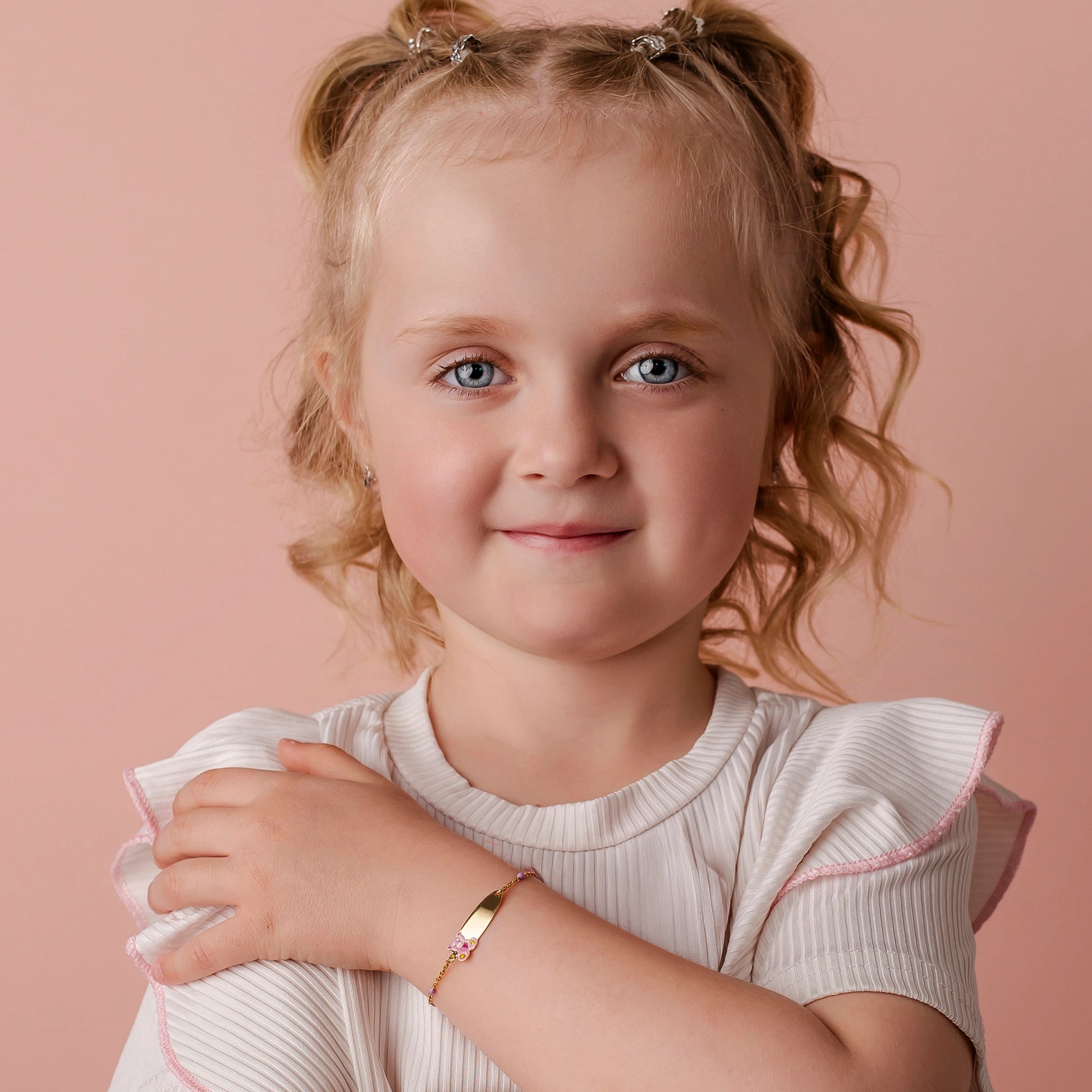 Silver Rosary Bracelet with Pink Enamel Teddy Bear and Engravable Plate