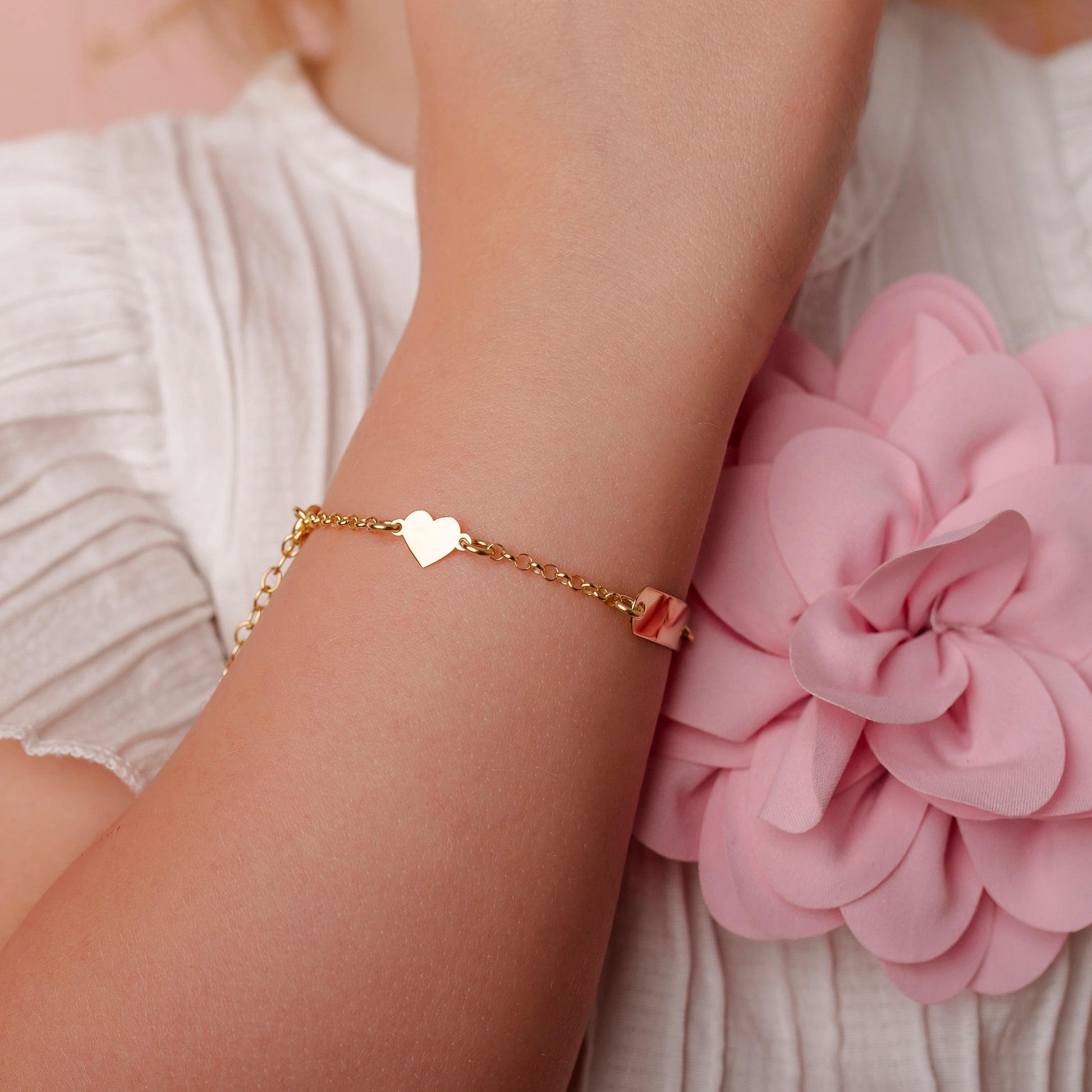 Pulsera de Plata con Trébol Rosa y Corazón Liso