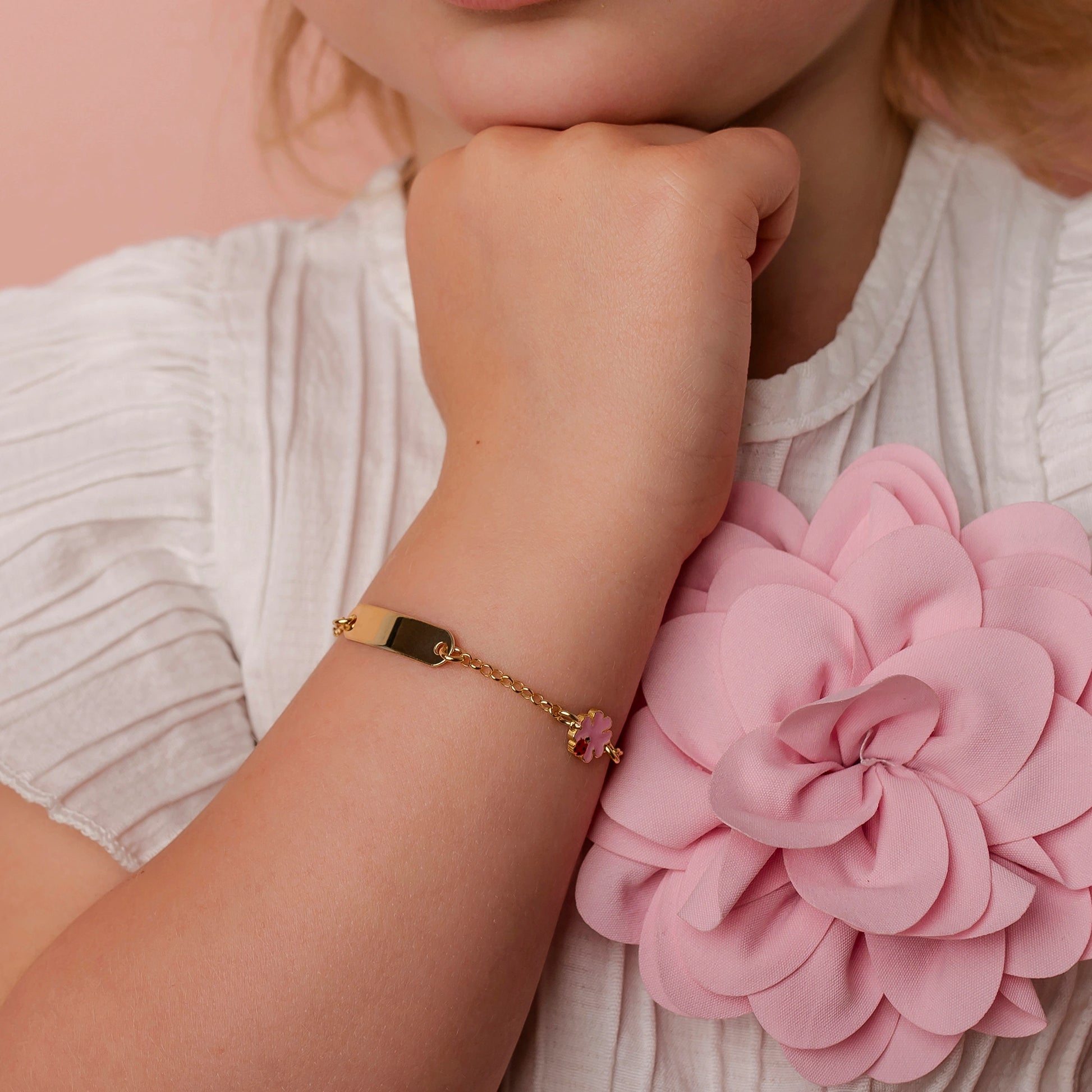 Pulsera de Plata con Trébol Rosa y Corazón Liso
