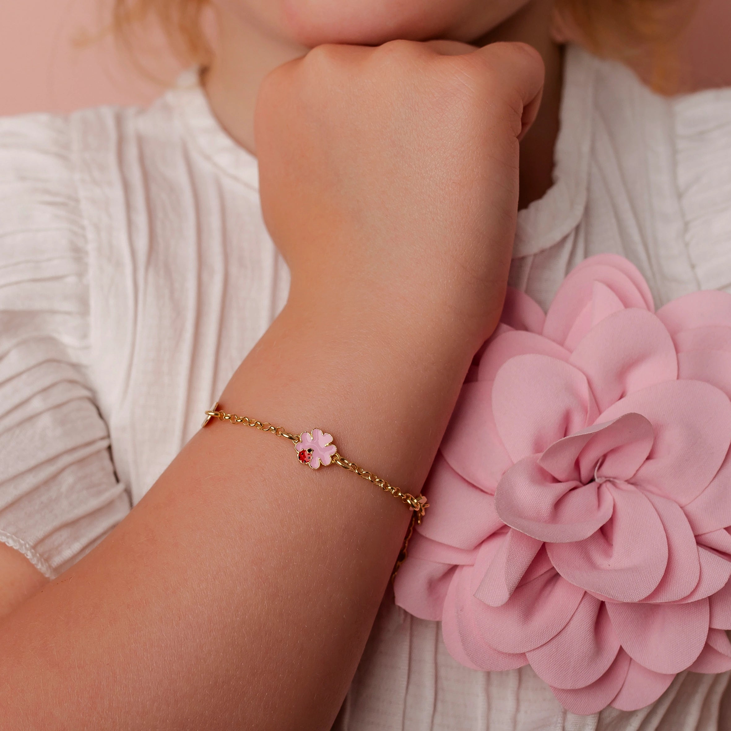 Silver Bracelet with Pink Clover and Smooth Heart