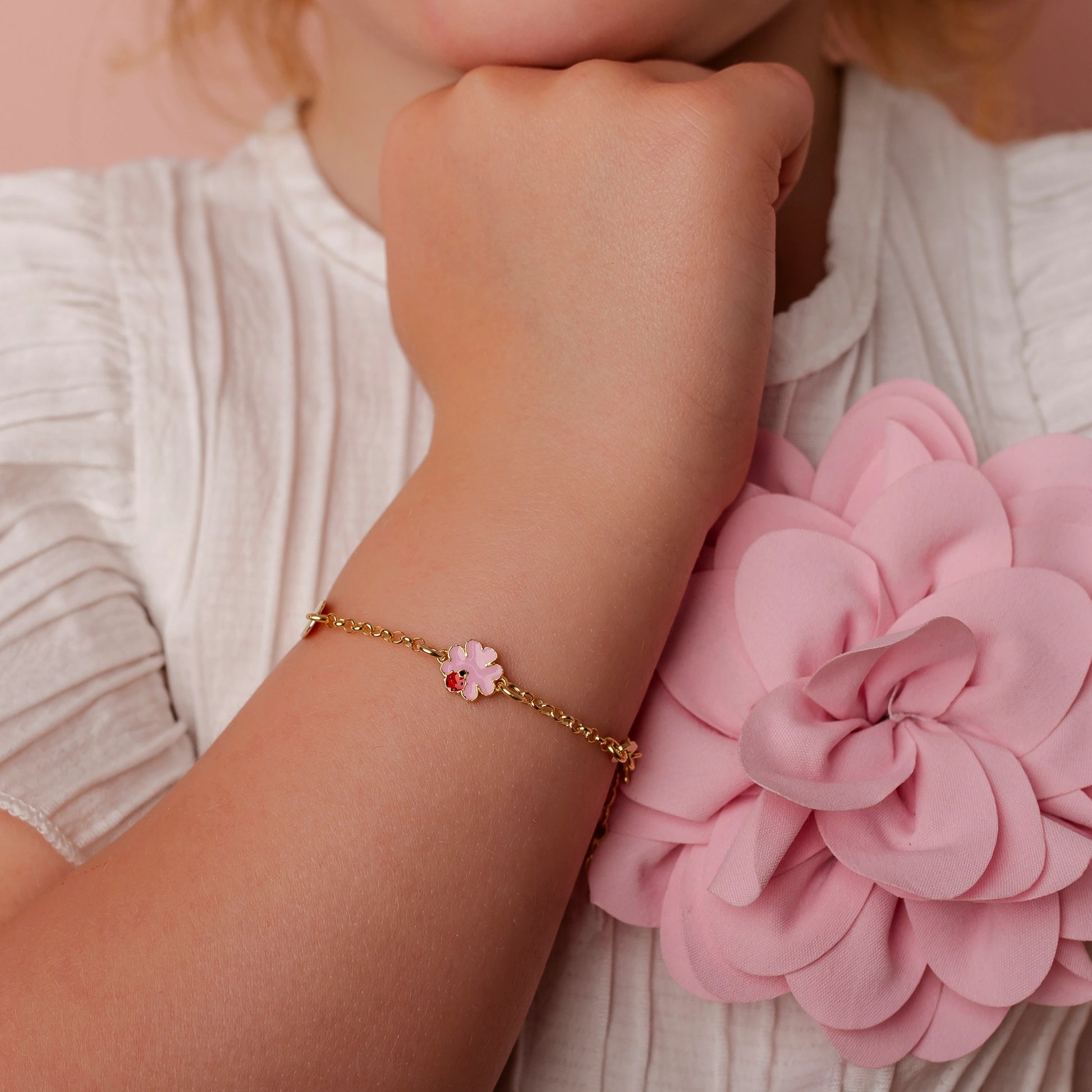 Pulsera de Plata con Trébol Rosa y Corazón Liso