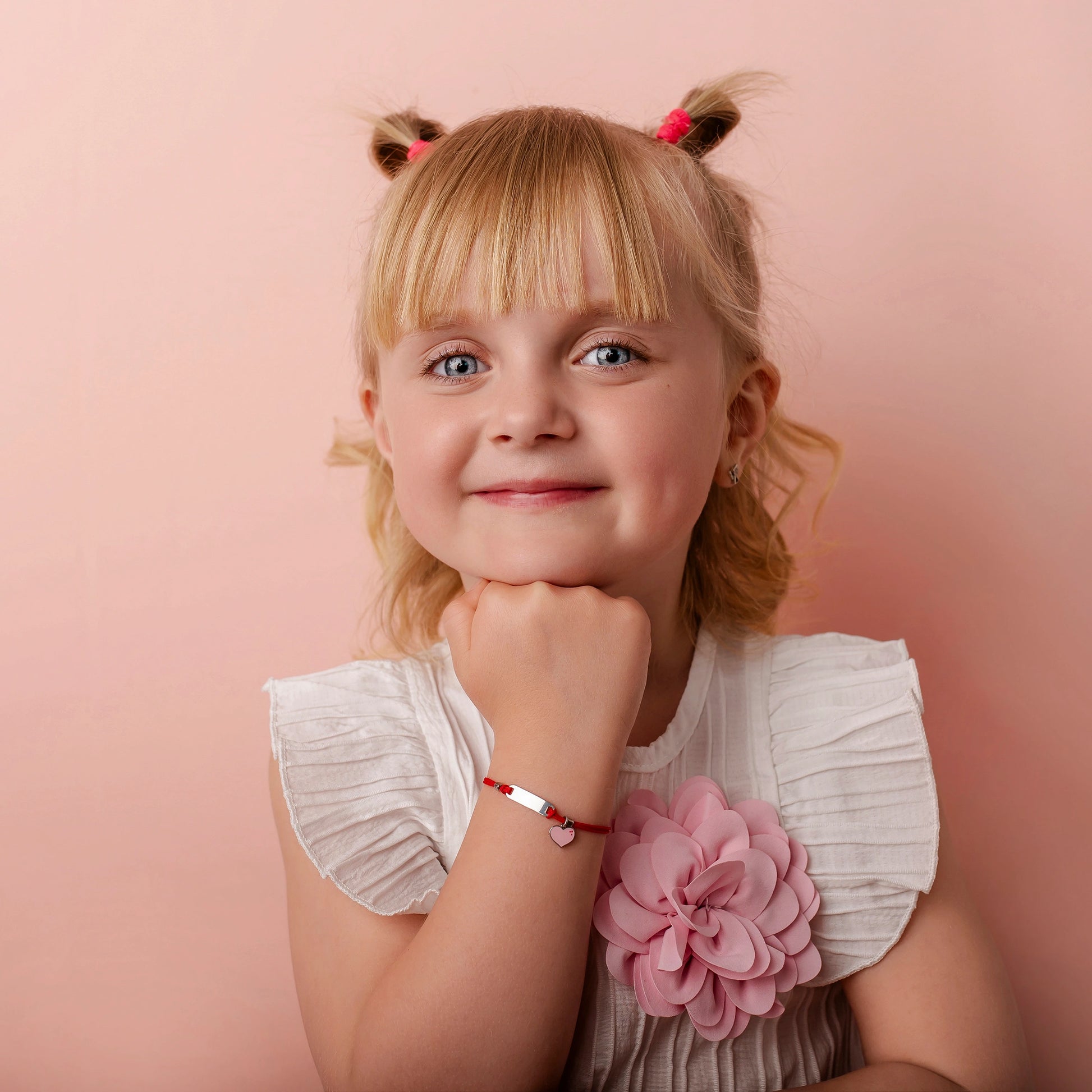Silver Bracelet for Girls Red Cord Heart Pink