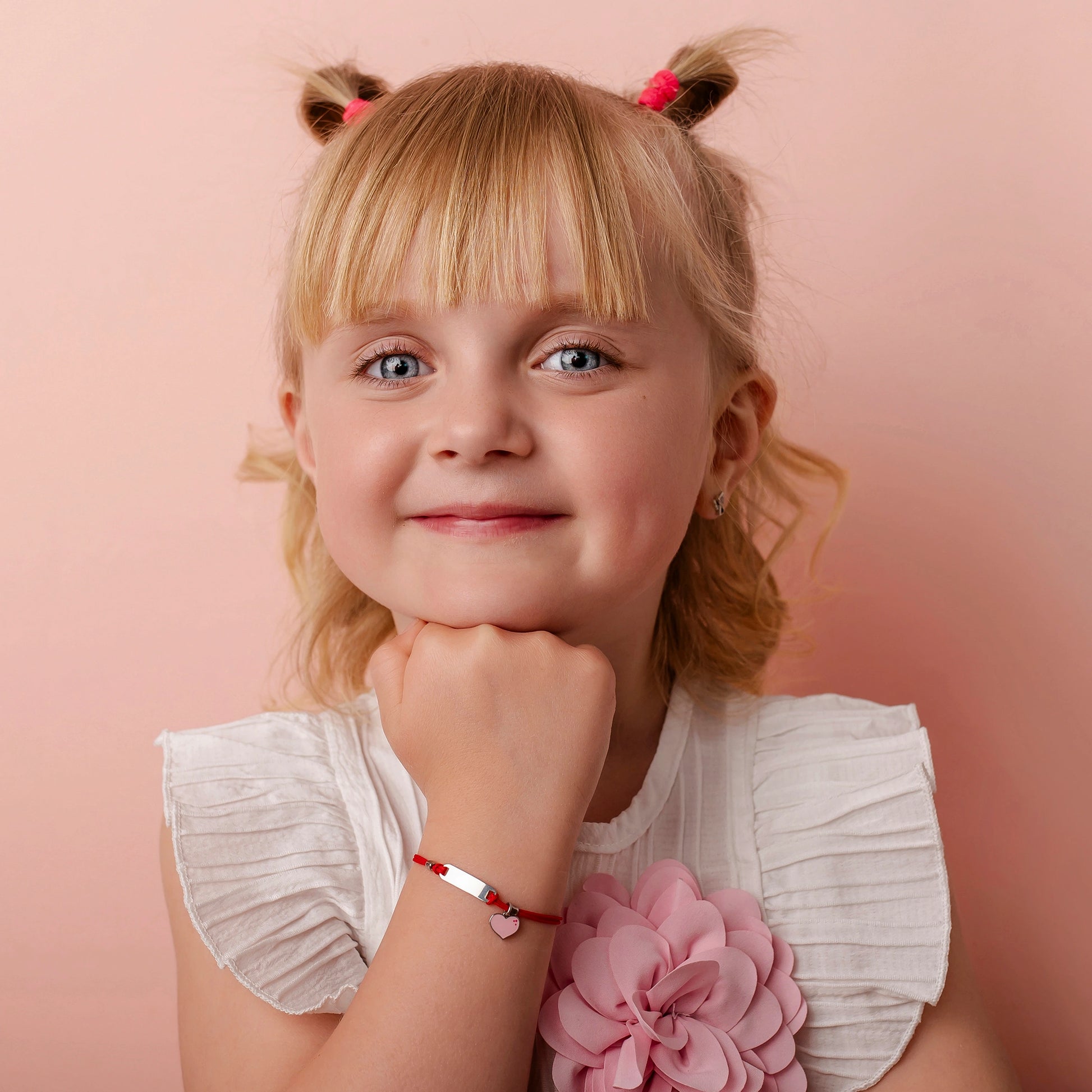 Silver Bracelet for Girls Red Cord Heart Pink