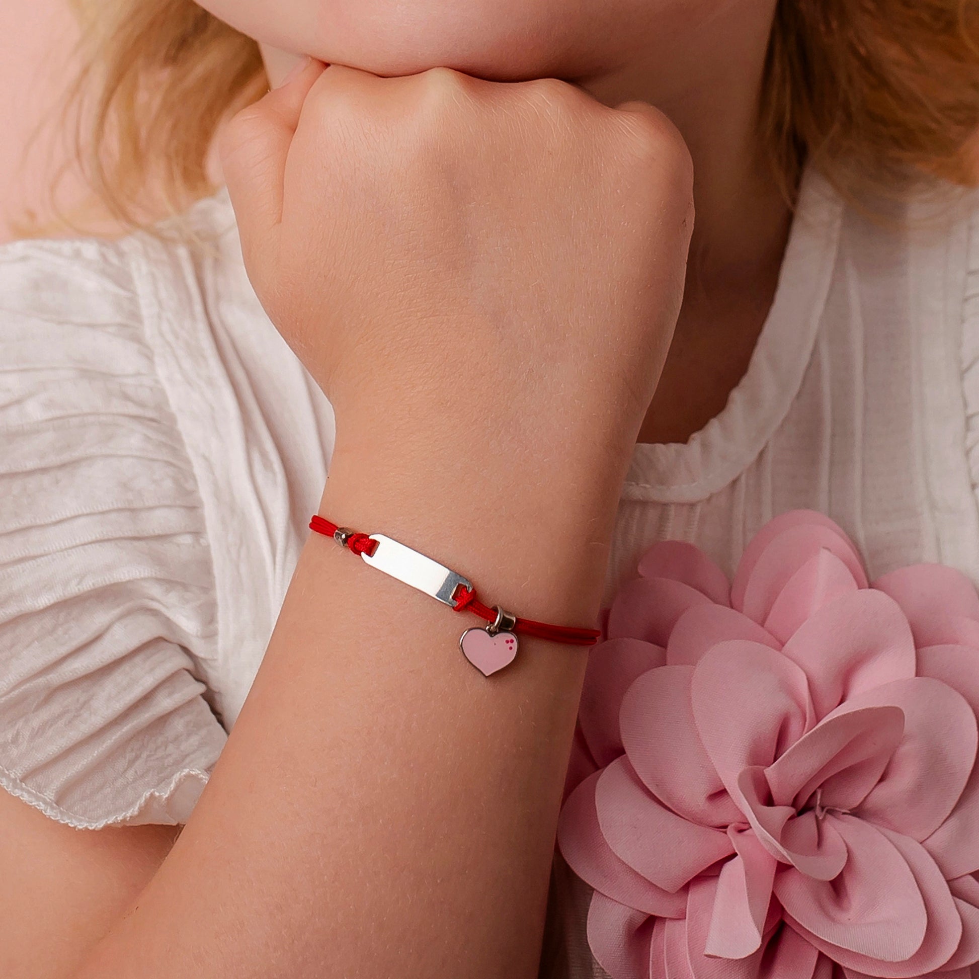 Silver Bracelet for Girls Red Cord Heart Pink
