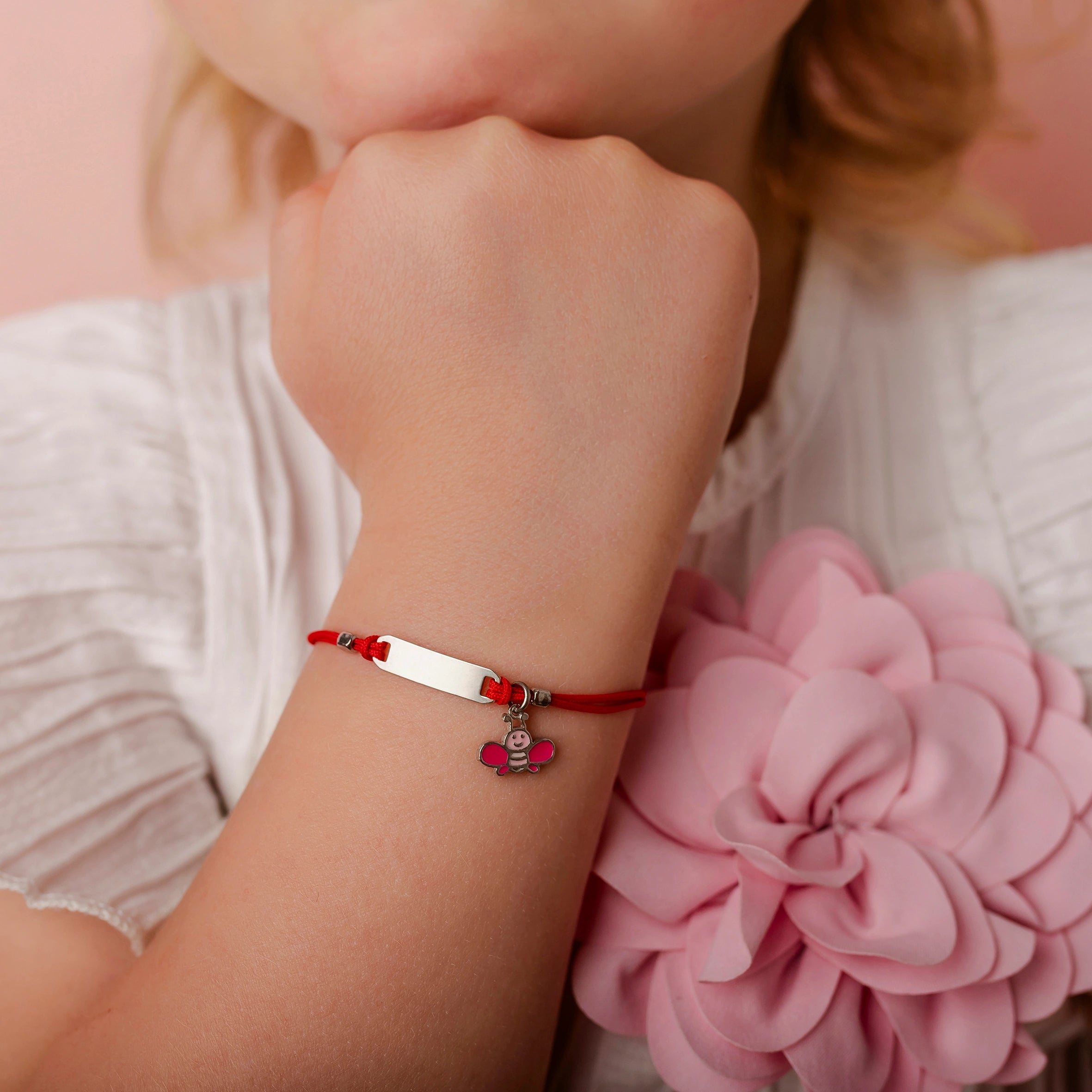 Silver Bracelet for Girls Red Cord Bee