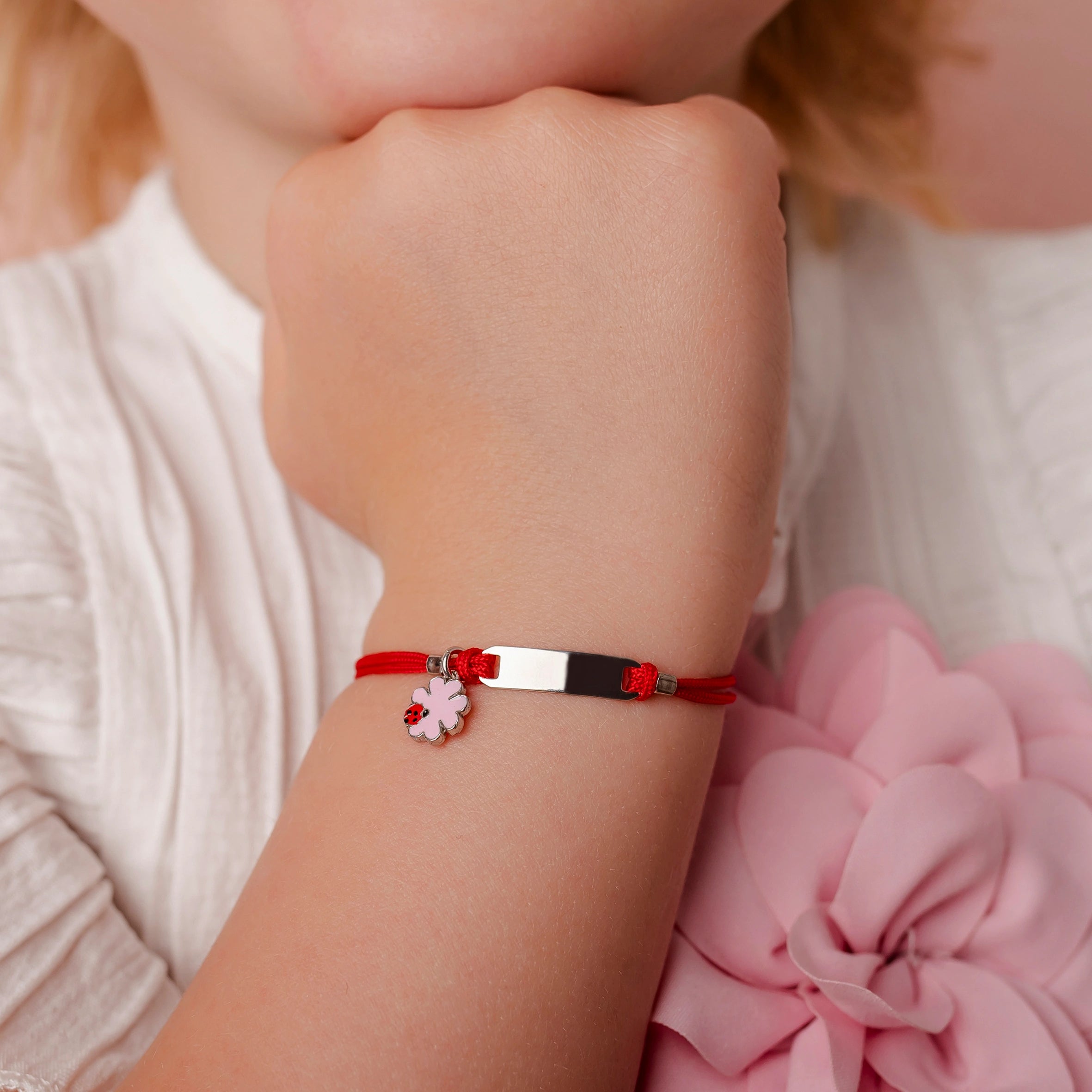 Silver Bracelet for Girls Red Cord Four-Leaf Clover