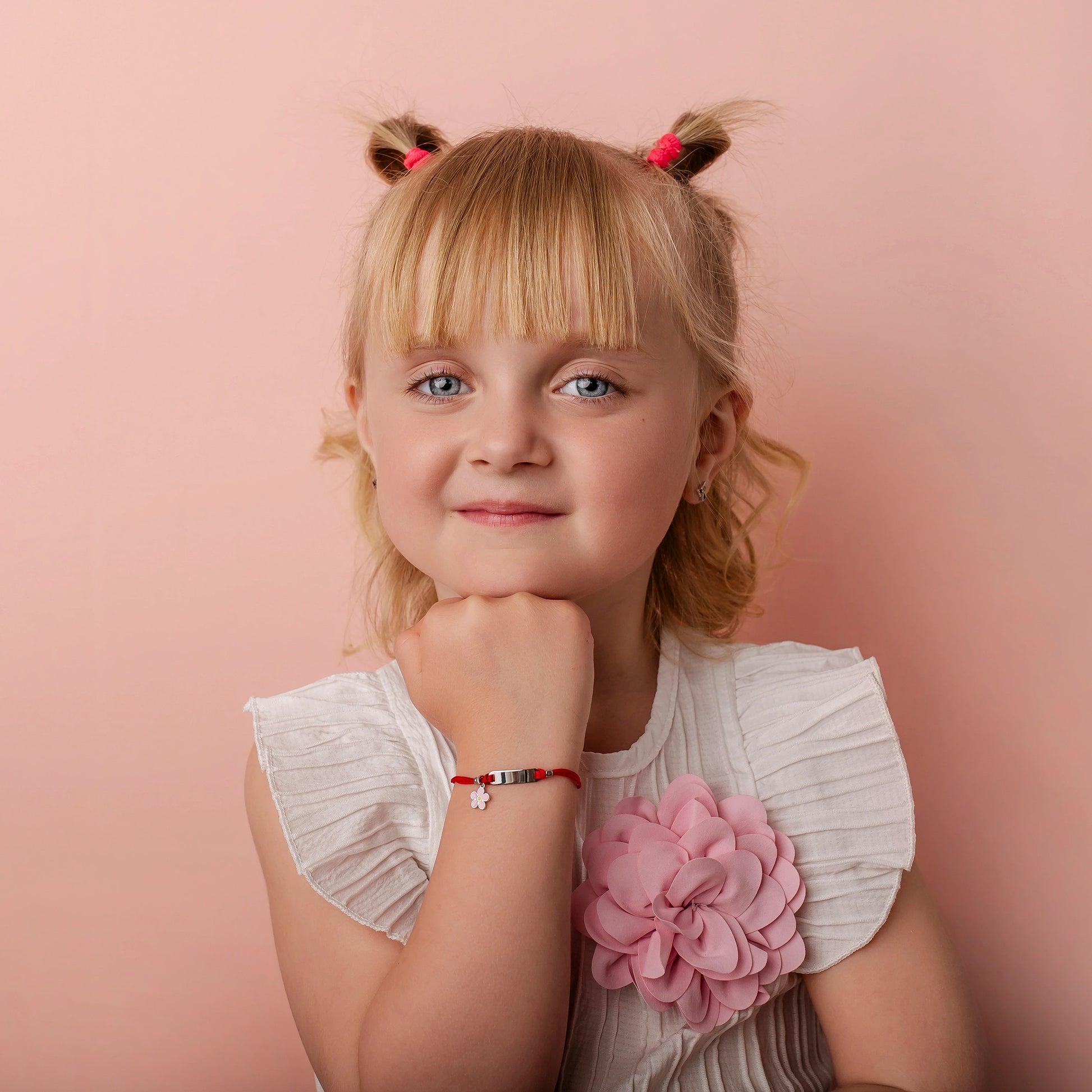 Silver Bracelet for Girls Red Cord with Pink Flower