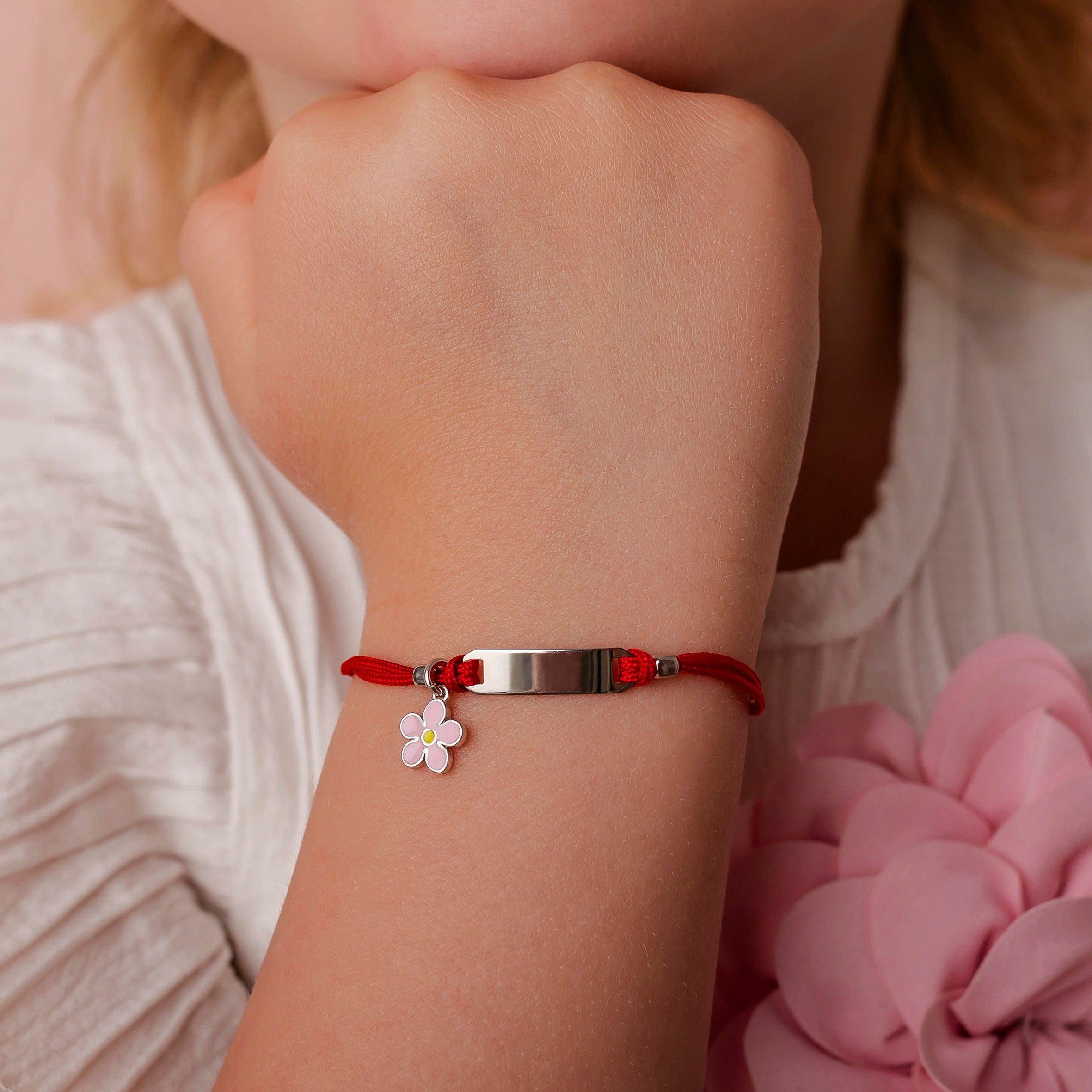 Silver Bracelet for Girls Red Cord with Pink Flower