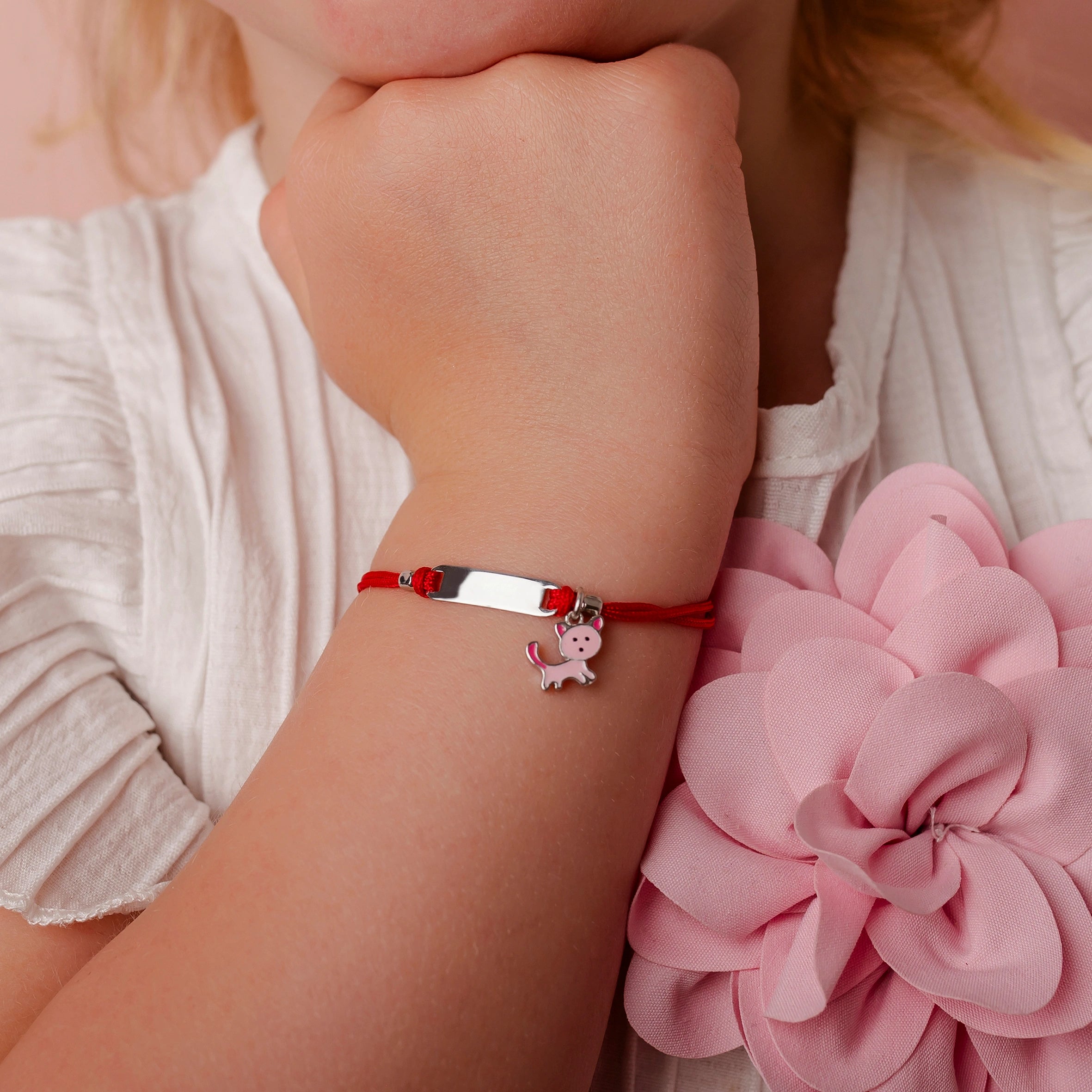 Silver Bracelet for Girls Red Cord Kitten