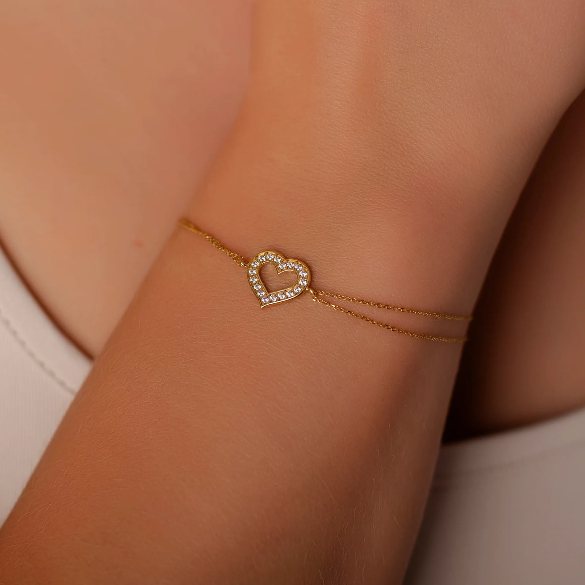 Pulsera de Oro Dos Hilos y Corazón con Strass
