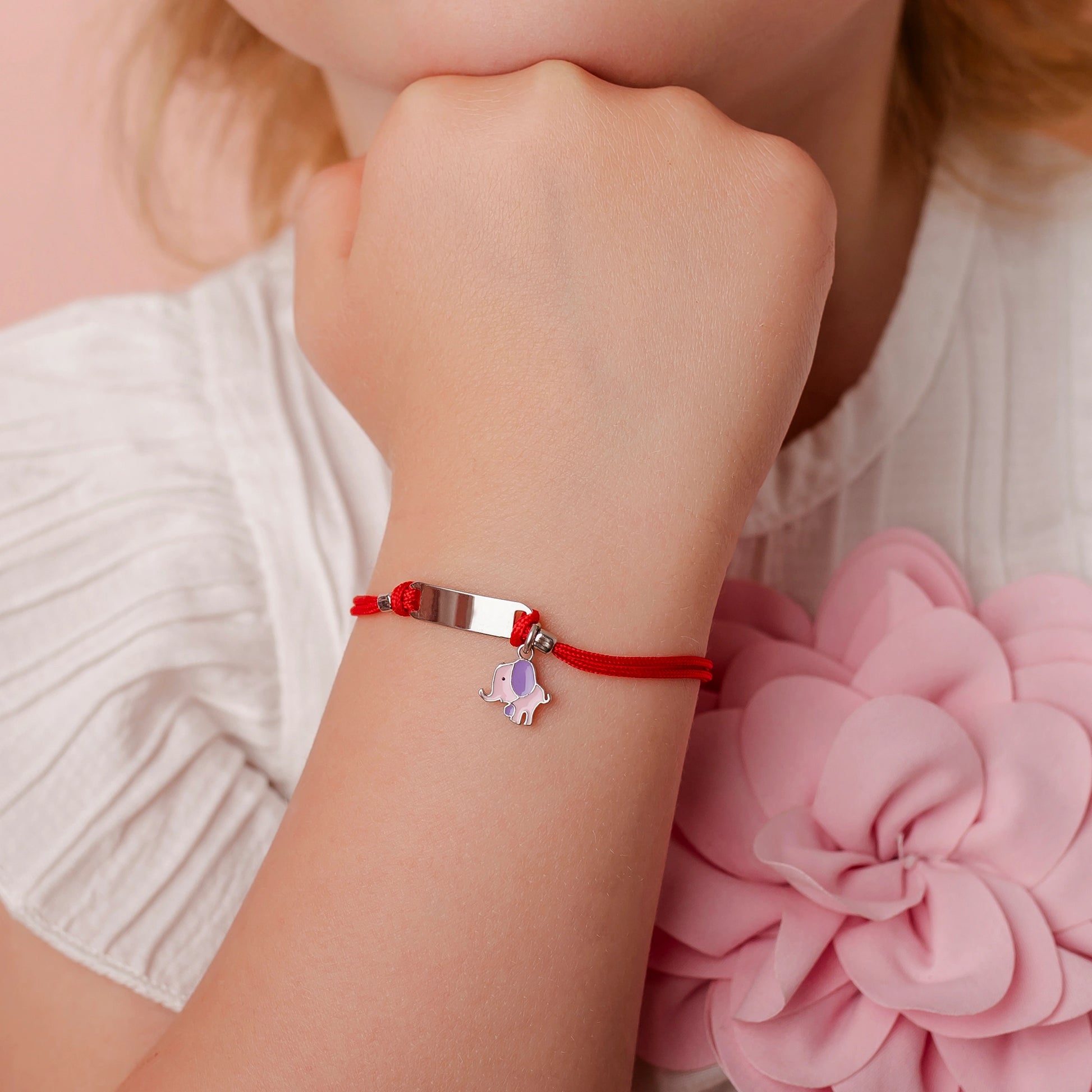 Silver Bracelet for Girl Red Cord Elephant