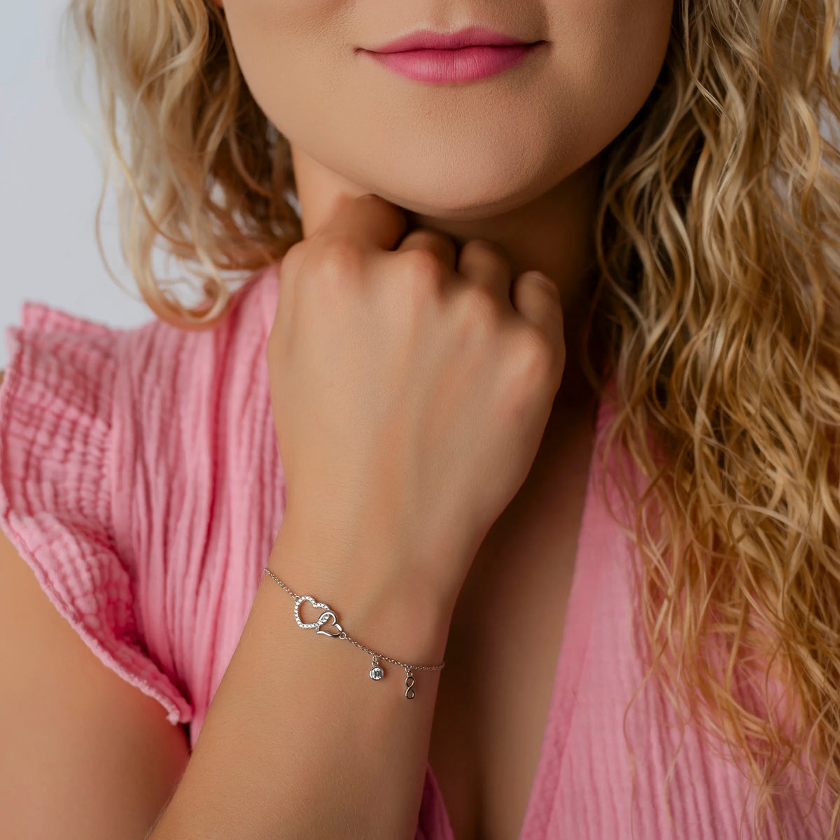 Pulsera de Plata con Corazones, Strass e Infinito