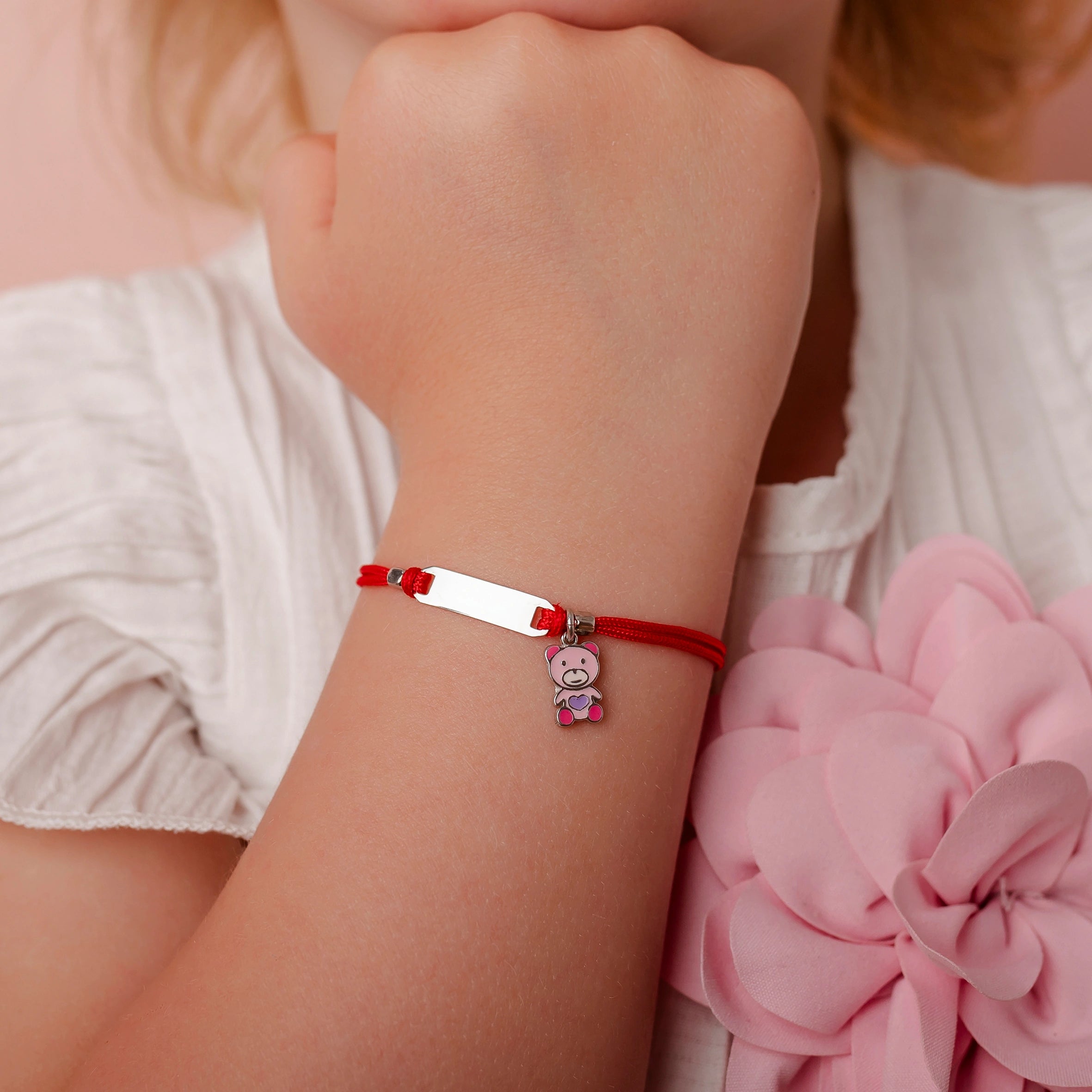 Silver Bracelet for Girls Red Cord Teddy Bear