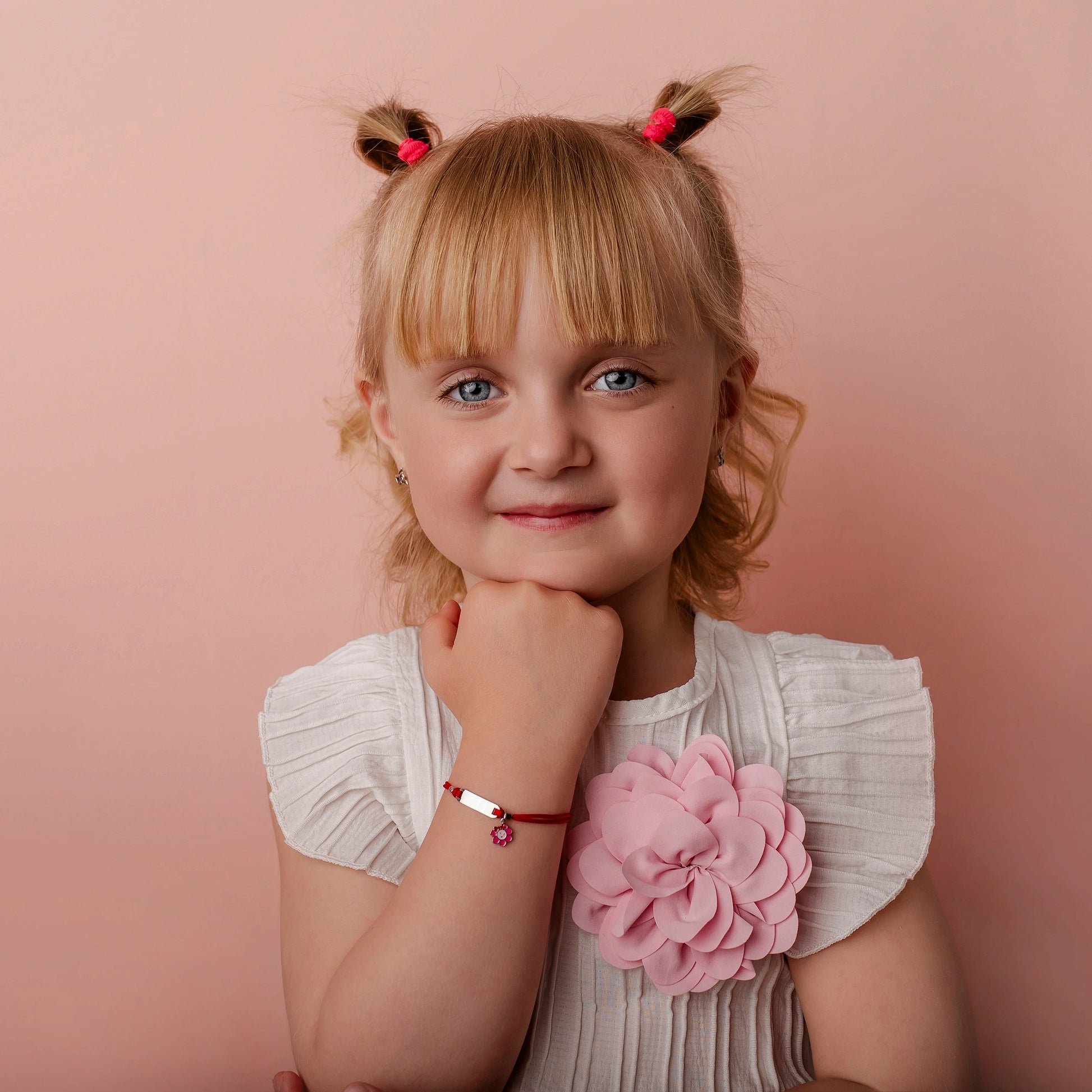 Silver Bracelet for Girl Red Cord Flower with Bow