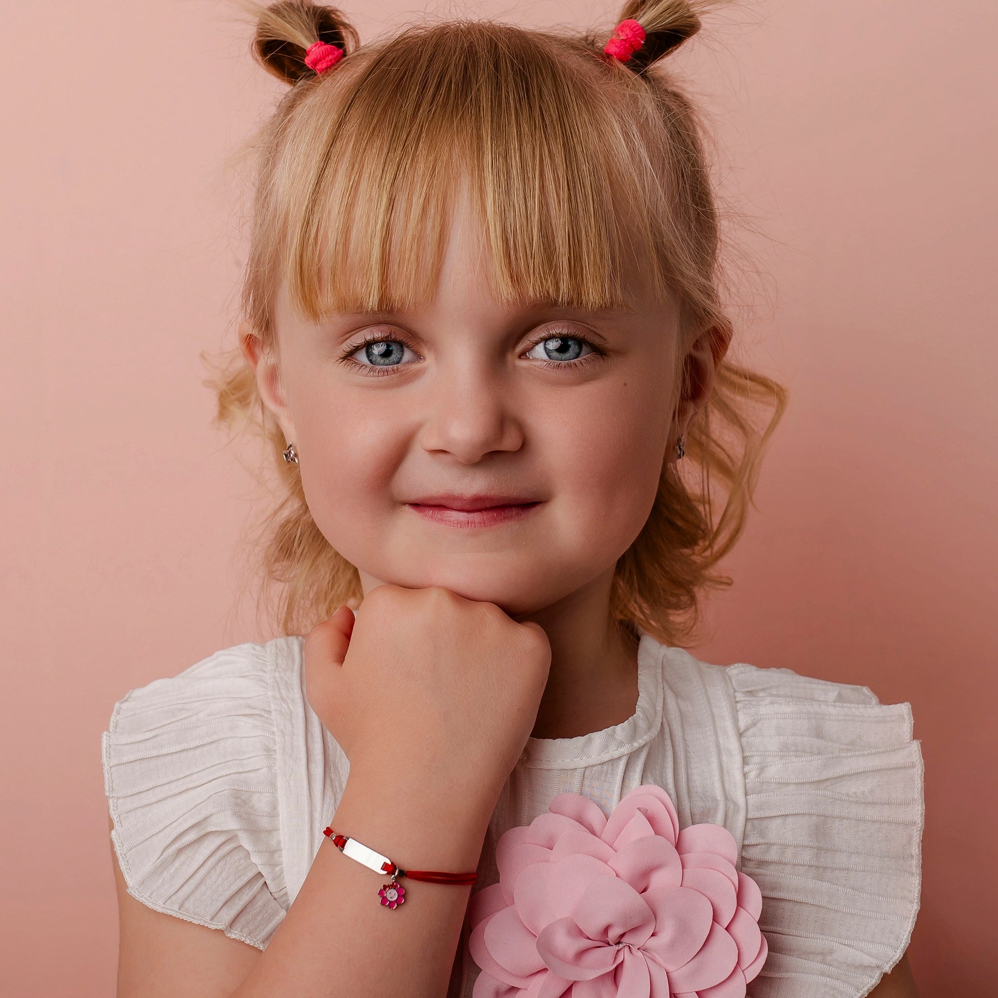 Silver Bracelet for Girl Red Cord Flower with Bow