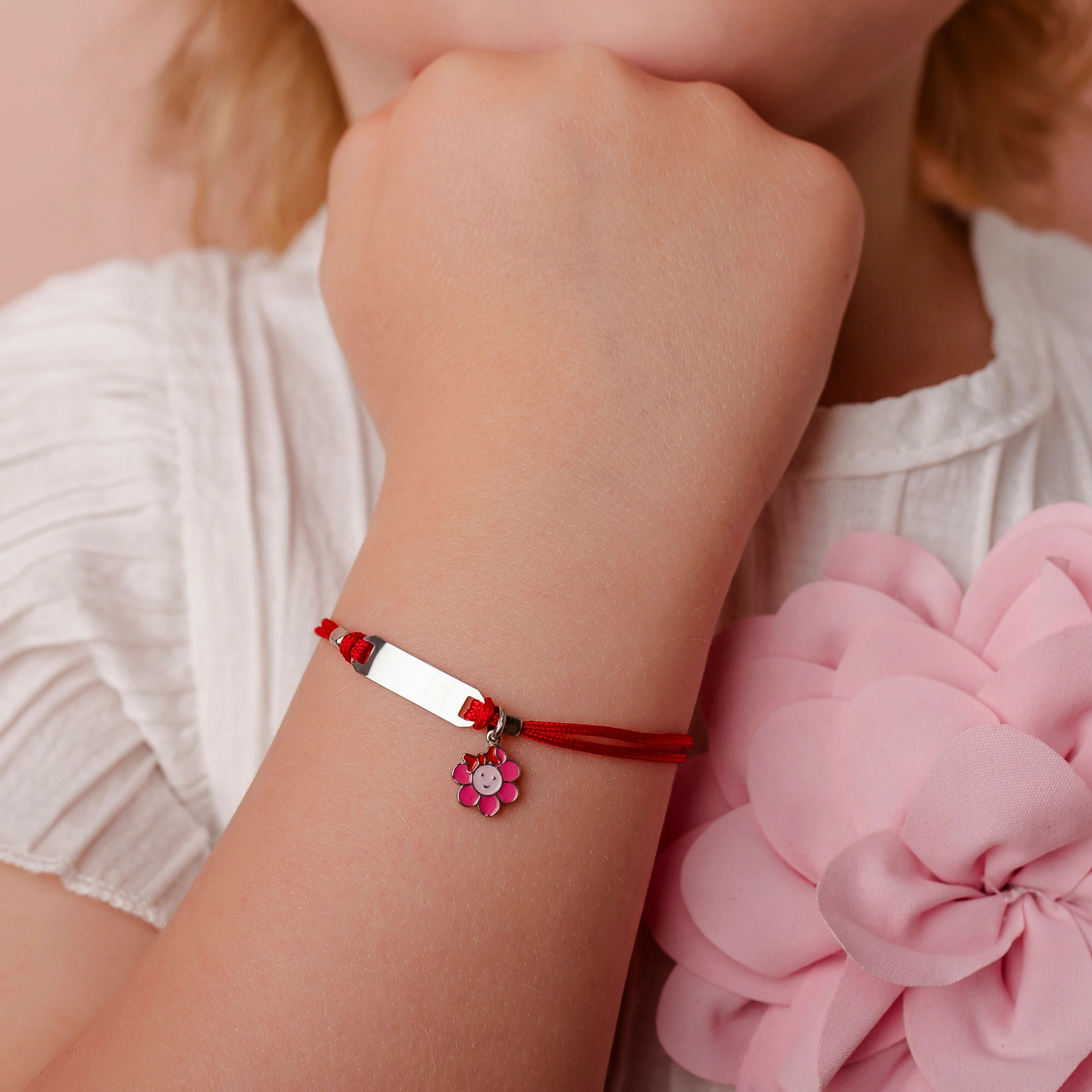 Silver Bracelet for Girl Red Cord Flower with Bow