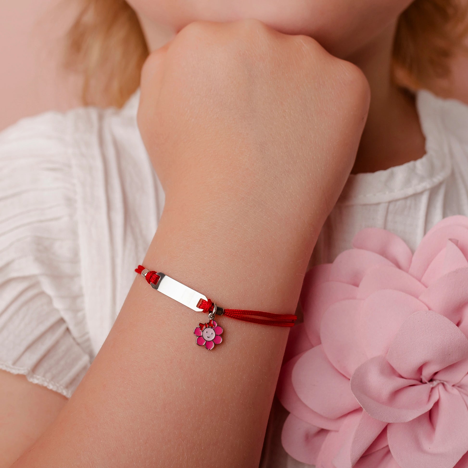 Silver Bracelet for Girl Red Cord Flower with Bow
