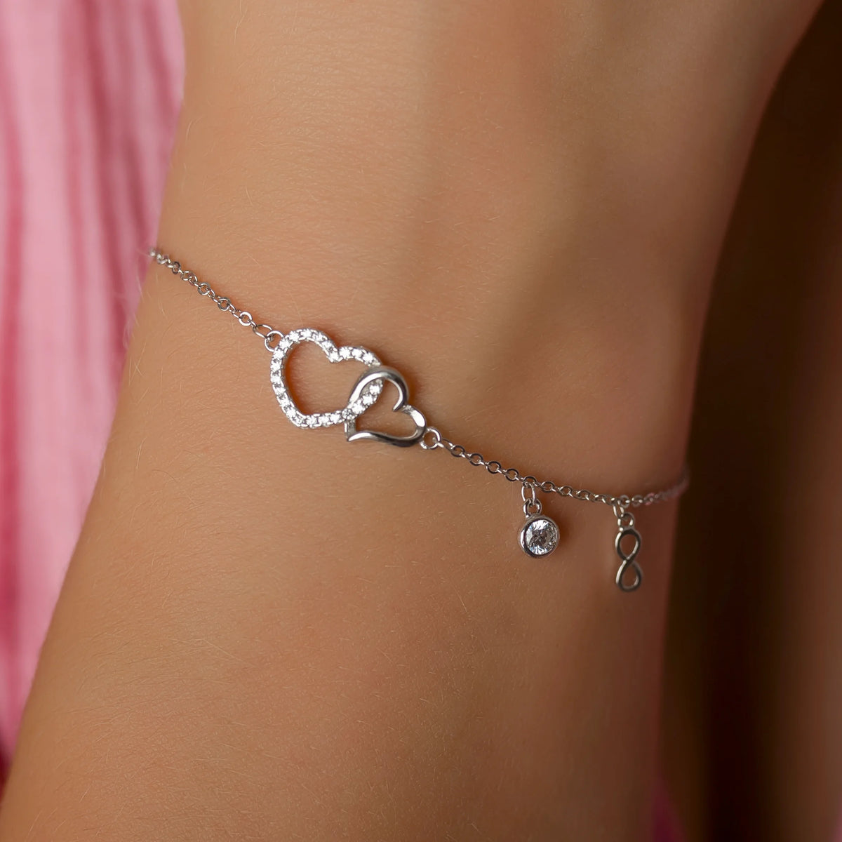 Pulsera de Plata con Corazones, Strass e Infinito
