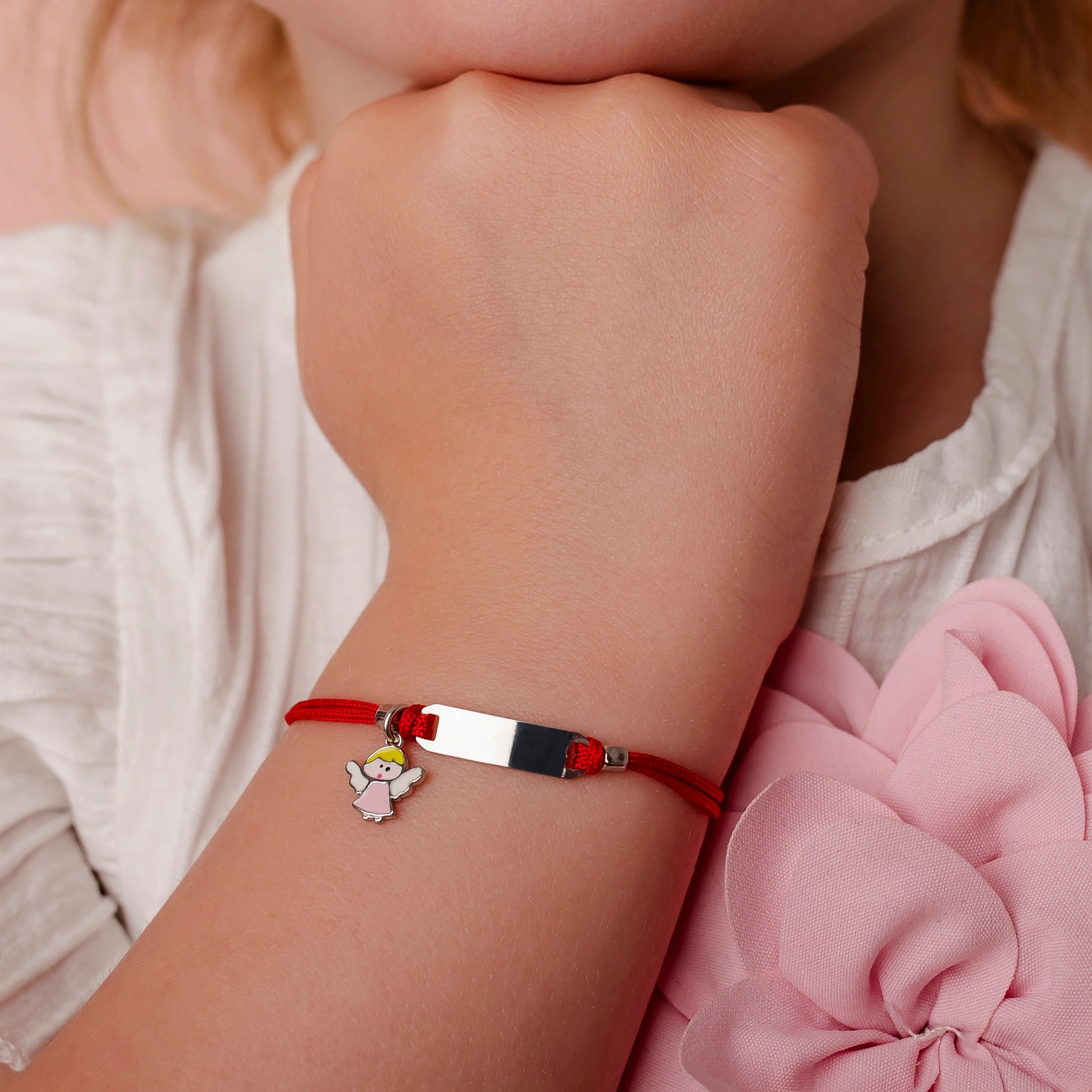 Silver Bracelet for Girls Red Cord Angel