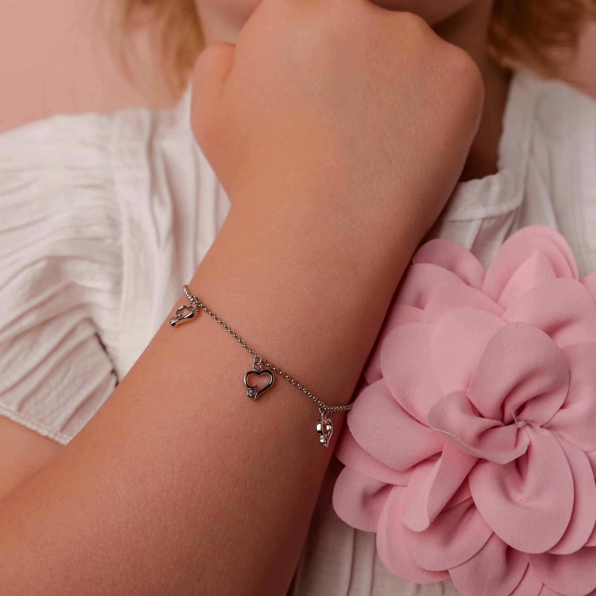 Bracelet with Three Hearts and Pink Zirconia