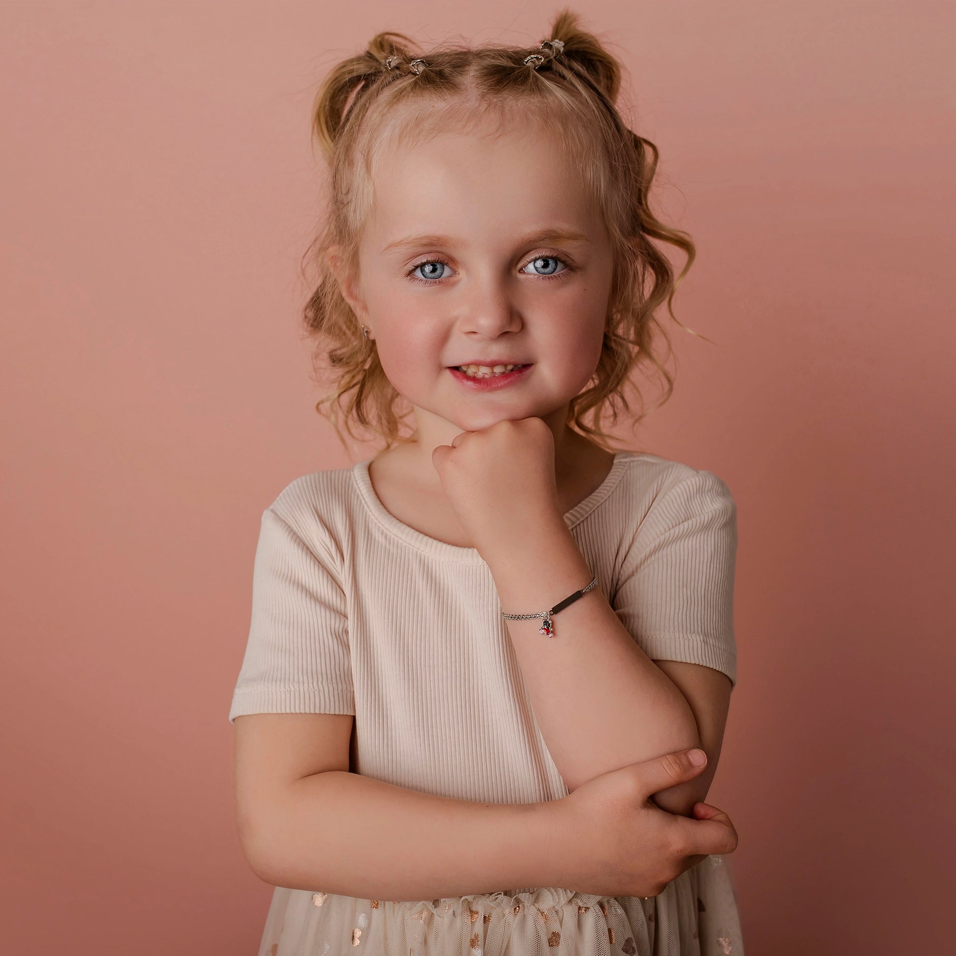 Braccialetto Bambina Argento con Orsetto Rosa e Piastrina Incidibile