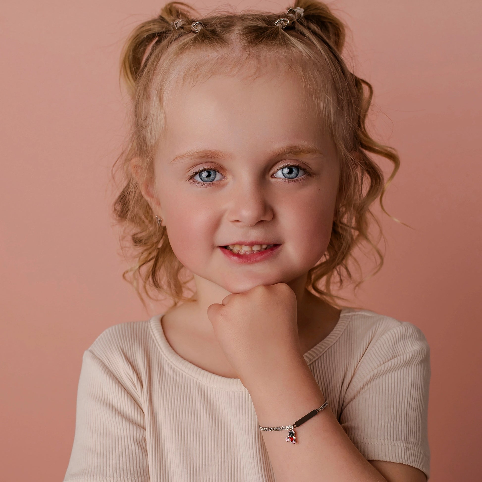 Braccialetto Bambina Argento con Orsetto Rosa e Piastrina Incidibile
