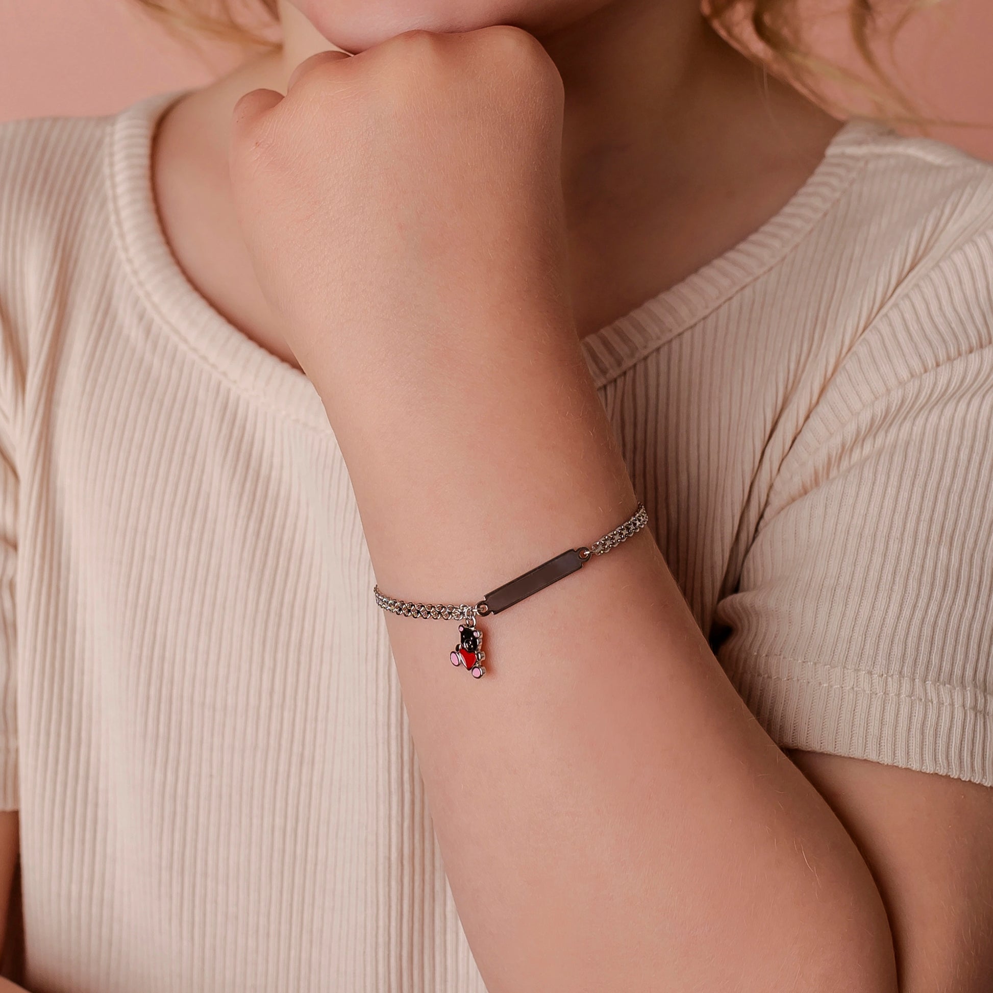 Braccialetto Bambina Argento con Orsetto Rosa e Piastrina Incidibile