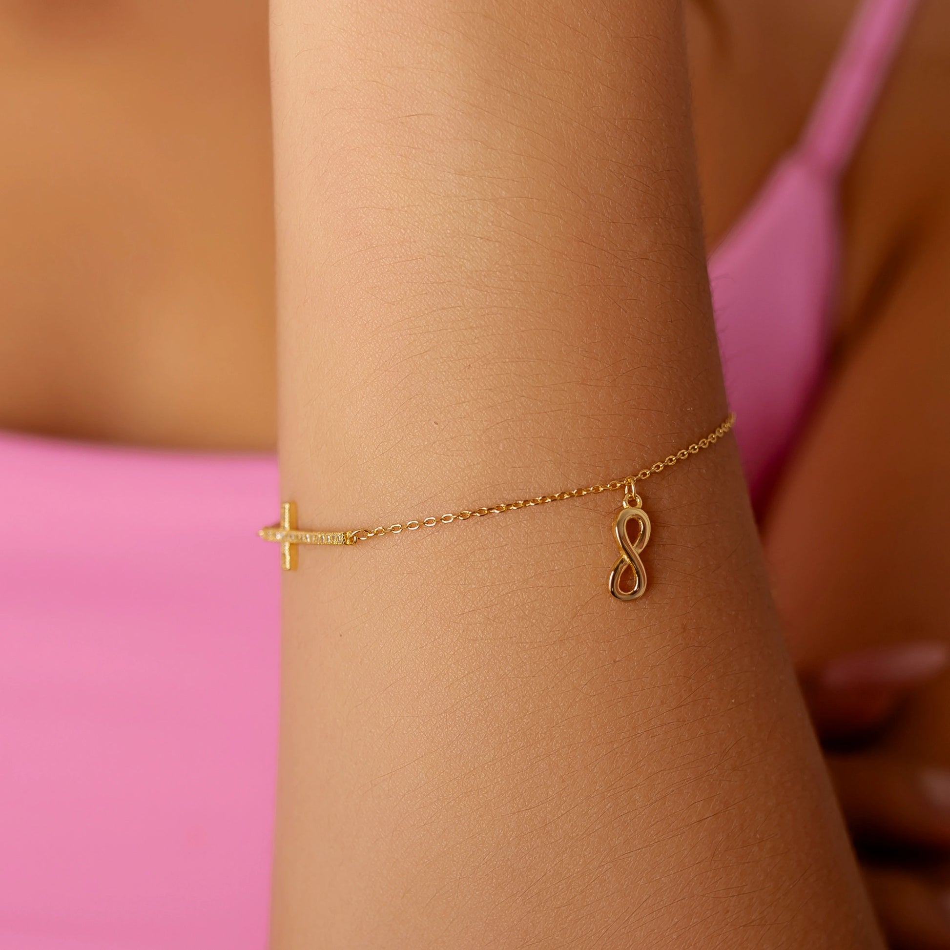 Gold-Plated Silver Bracelet with Cross and Infinity Symbol