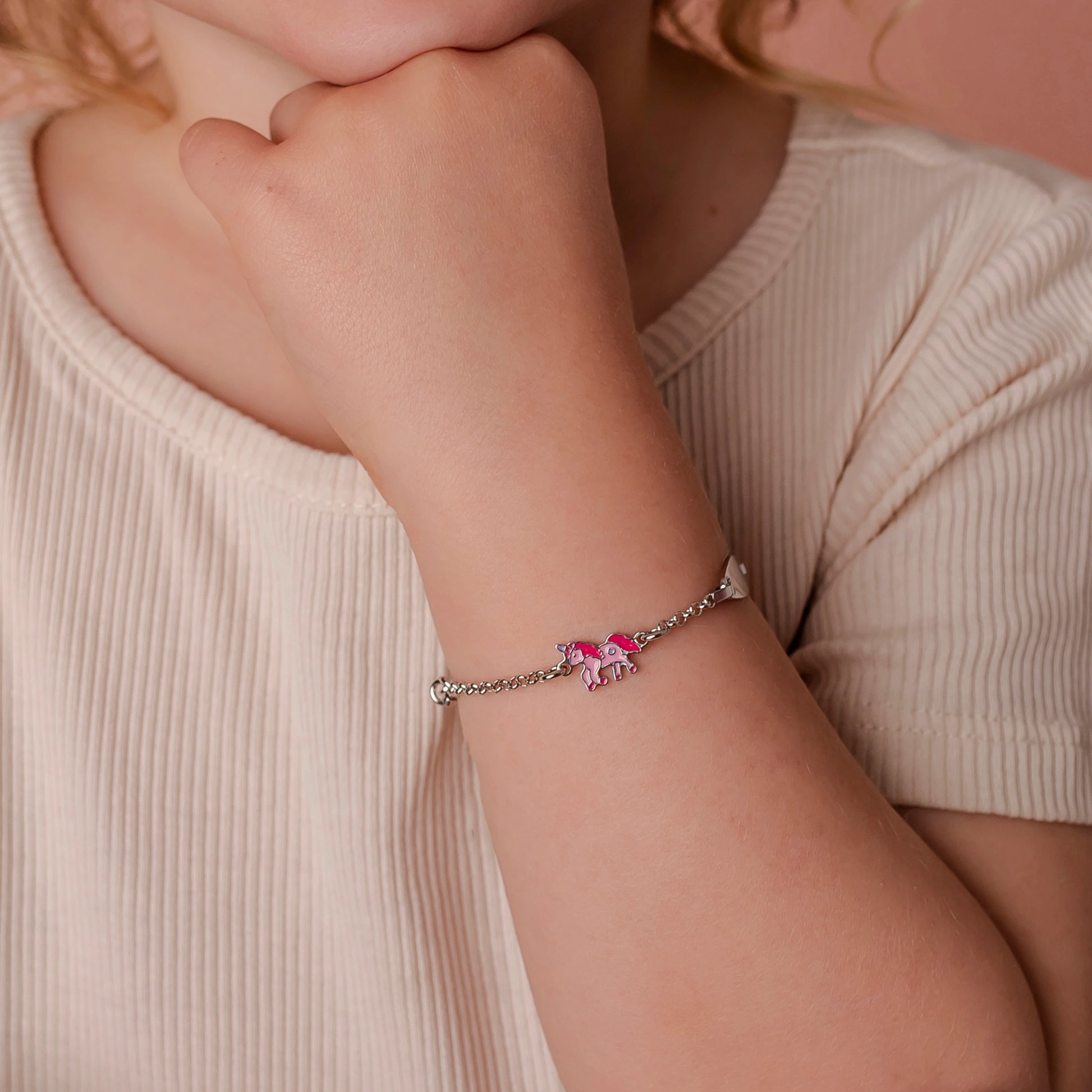 Bracelet en Argent avec Plaque et Licorne Rose