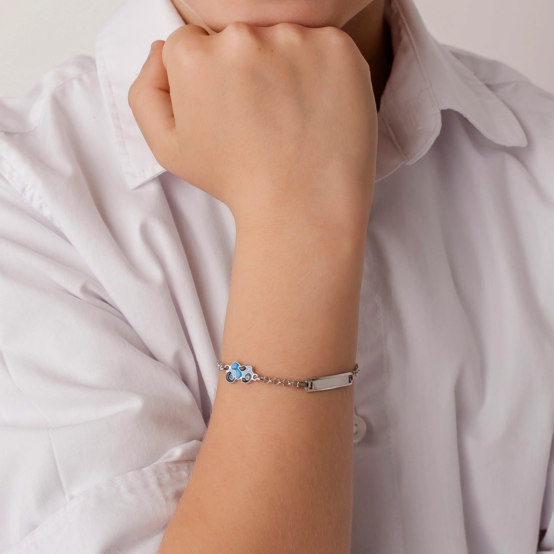 Silver Bracelet with Plate and Blue Motorcycle