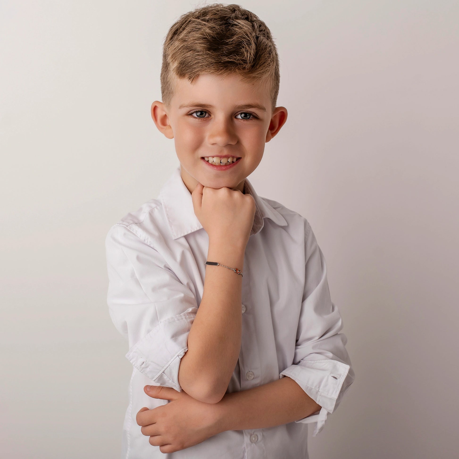 Boy's Silver Bracelet with Plate and Orange Motorcycle