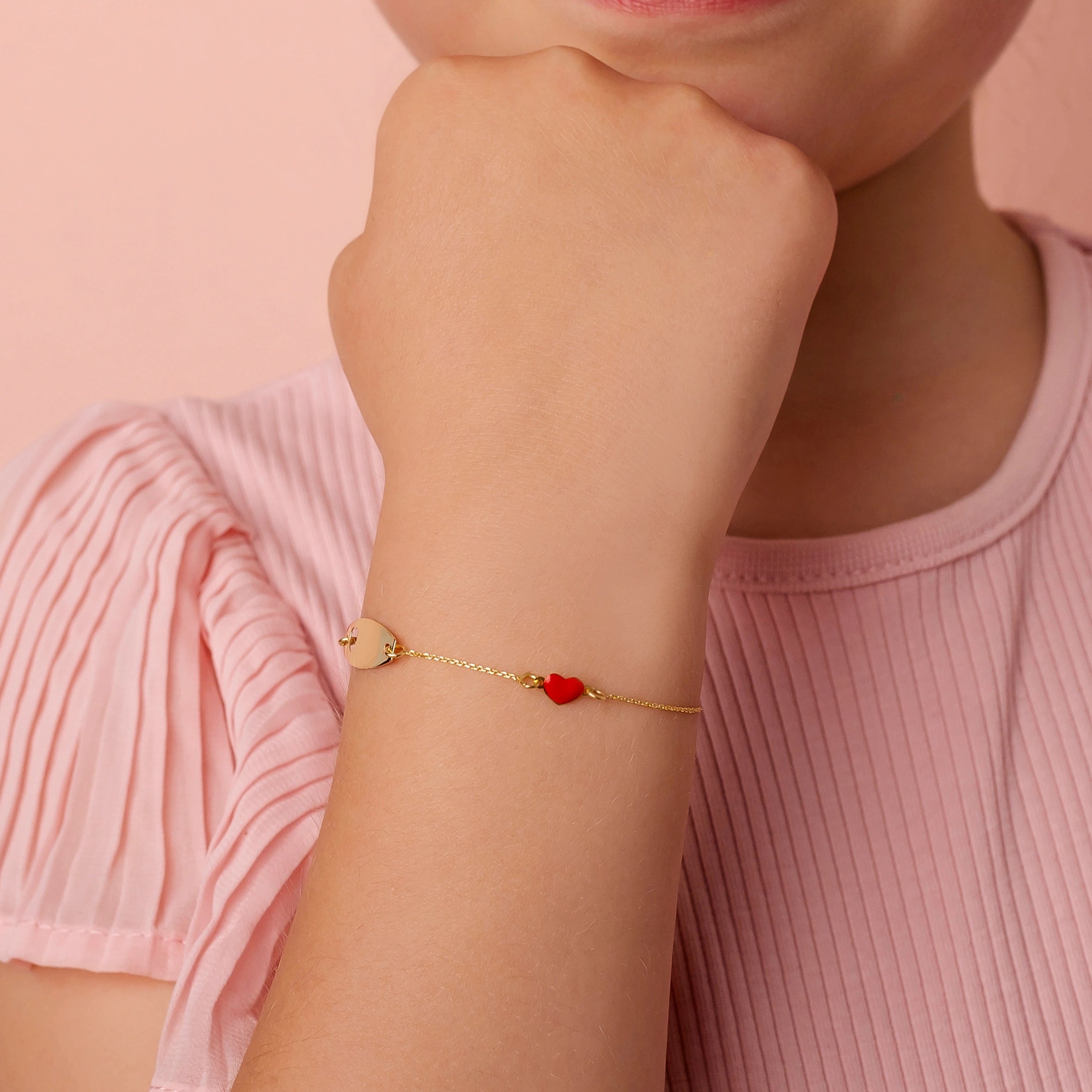 Gold Bracelet with Enamelled Heart and Shaped Heart