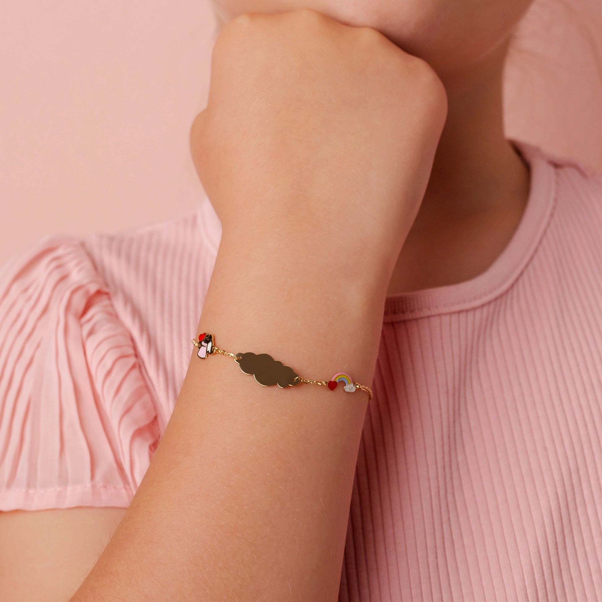 Gold Bracelet with Little Angel, Rainbow, and Cloud-Shaped Engravable Plate