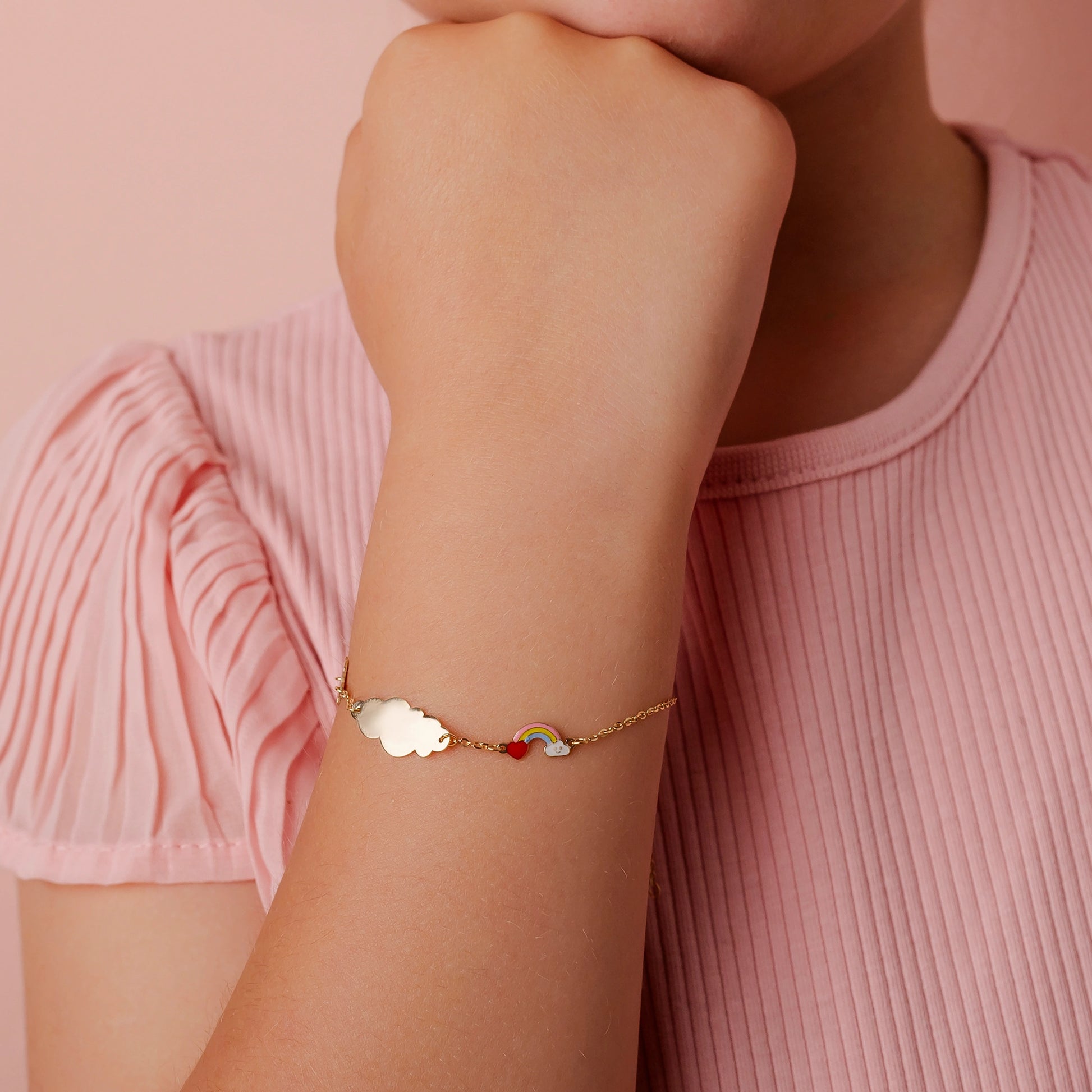 Gold Bracelet with Little Angel, Rainbow, and Cloud-Shaped Engravable Plate