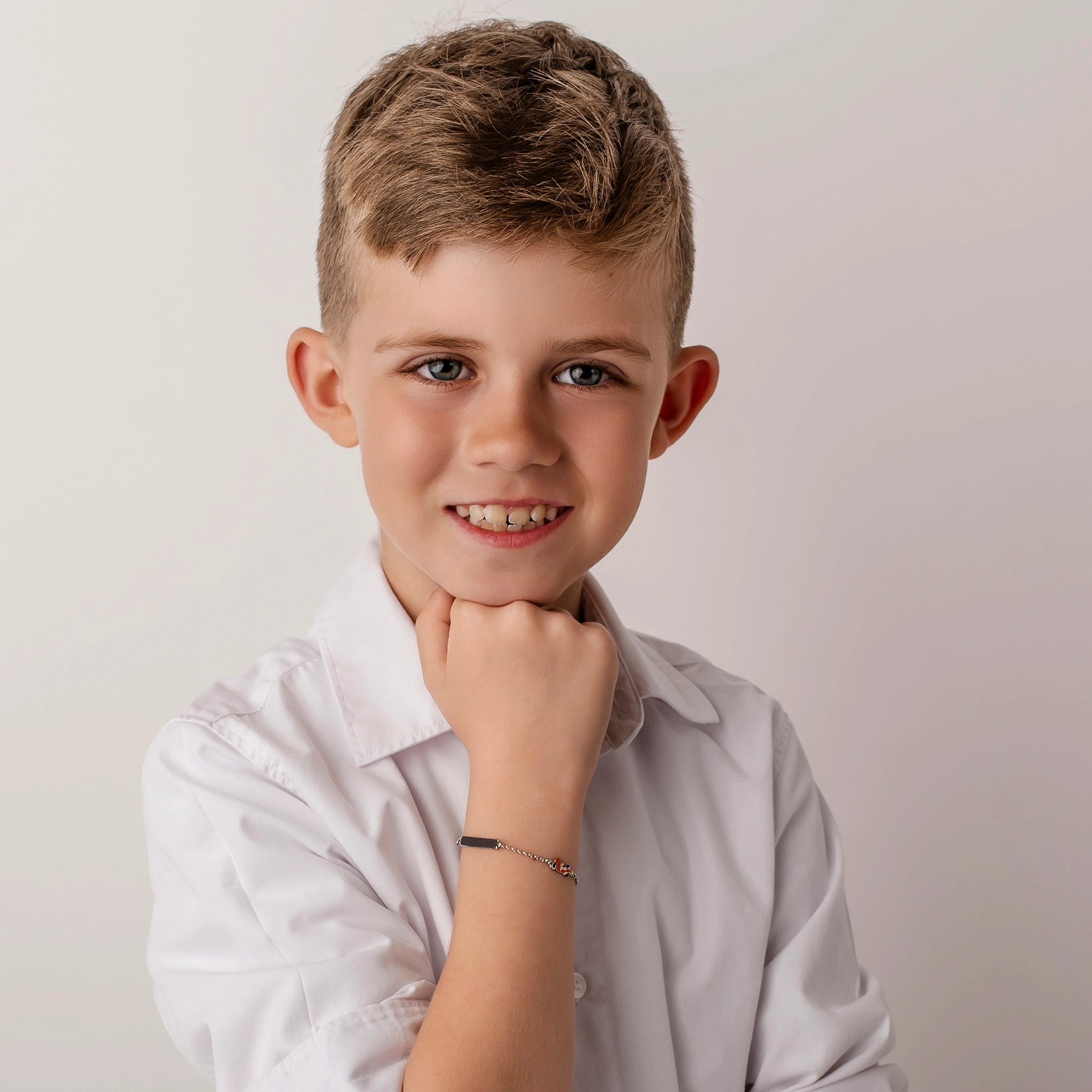 Boy's Silver Bracelet with Plate and Orange Motorcycle