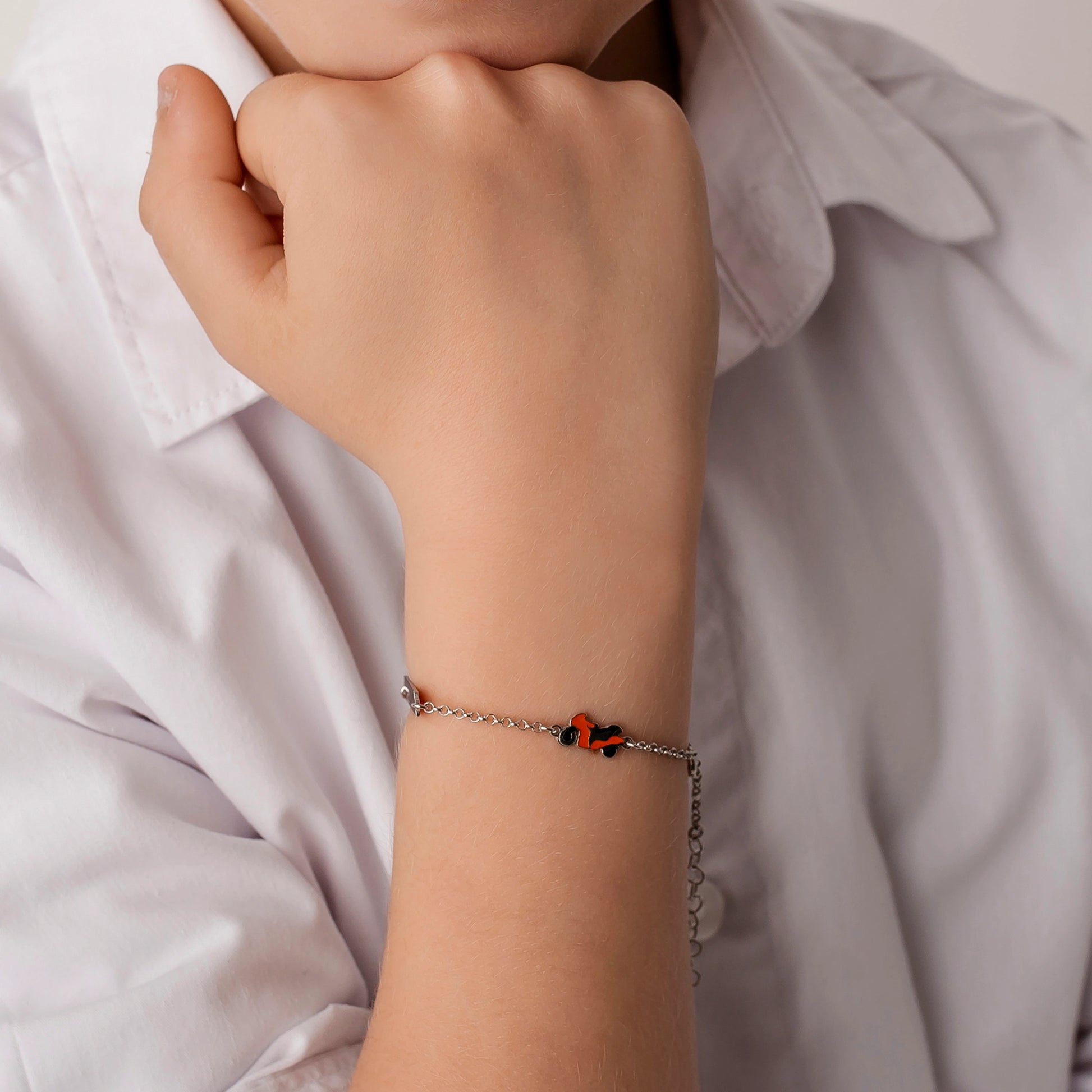 Boy's Silver Bracelet with Plate and Orange Motorcycle