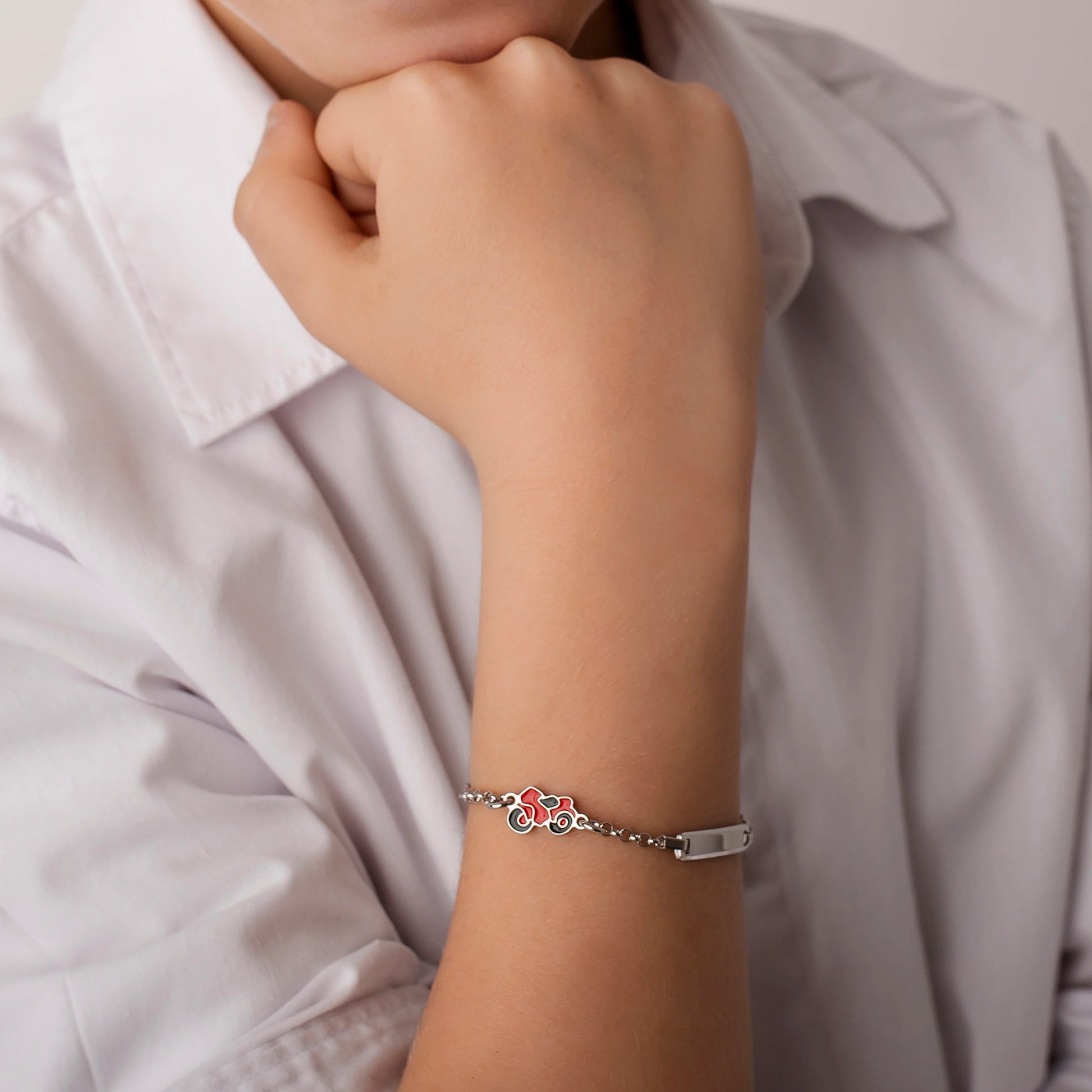 Silver Bracelet with Plate and Red Motorcycle