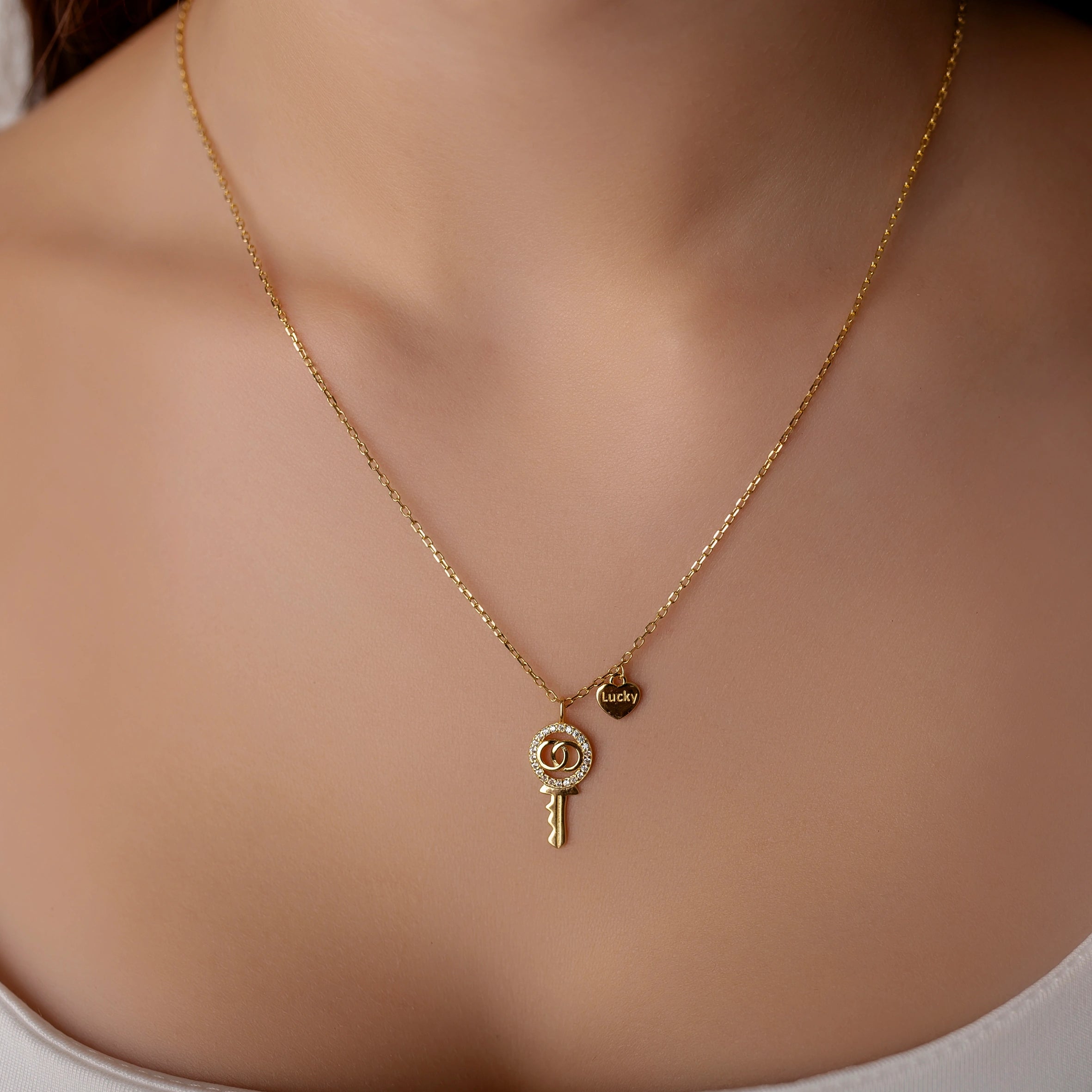 Lucky Key Silver Necklace with Zircons